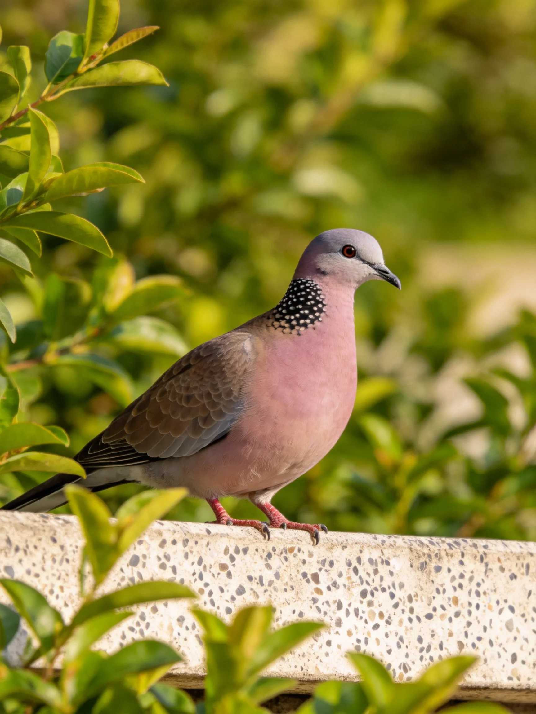 A pink-breasted pigeon with spotted neck on a speckled ledge