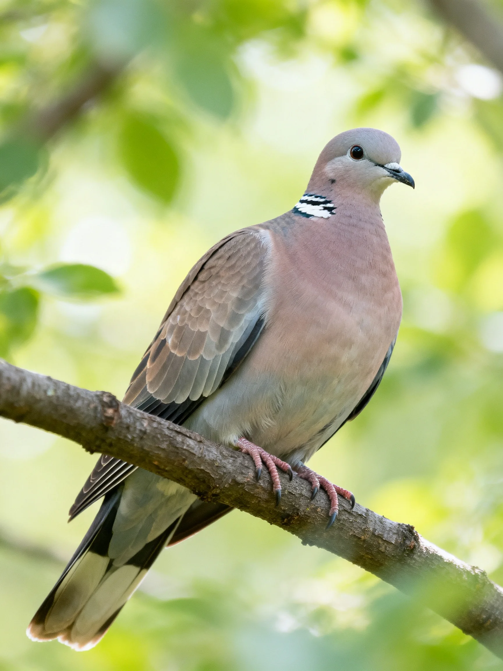 A pink-chested dove perched on a tree branch amid greenery
