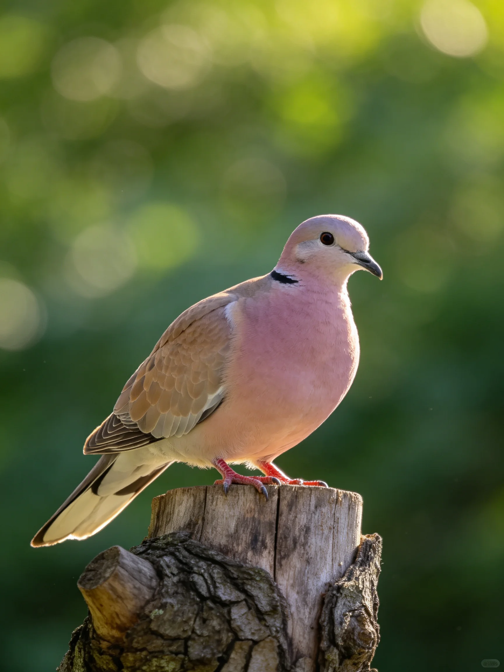 A pink-chested dove perched on a weathered wooden post