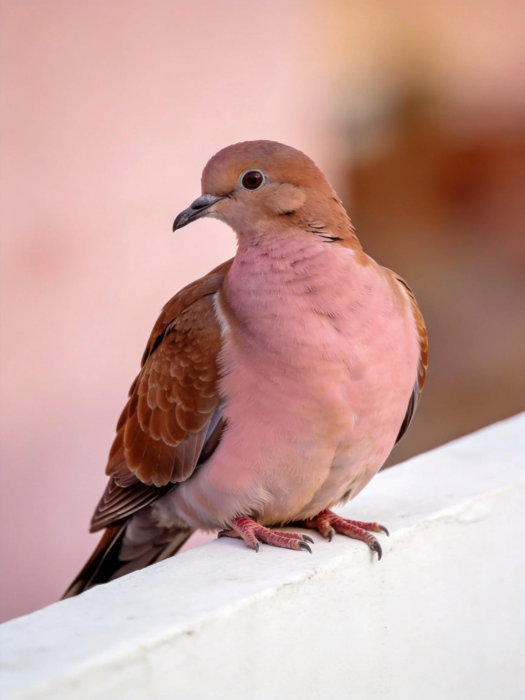 A pink-chested dove perched on a white ledge with earthy plumage