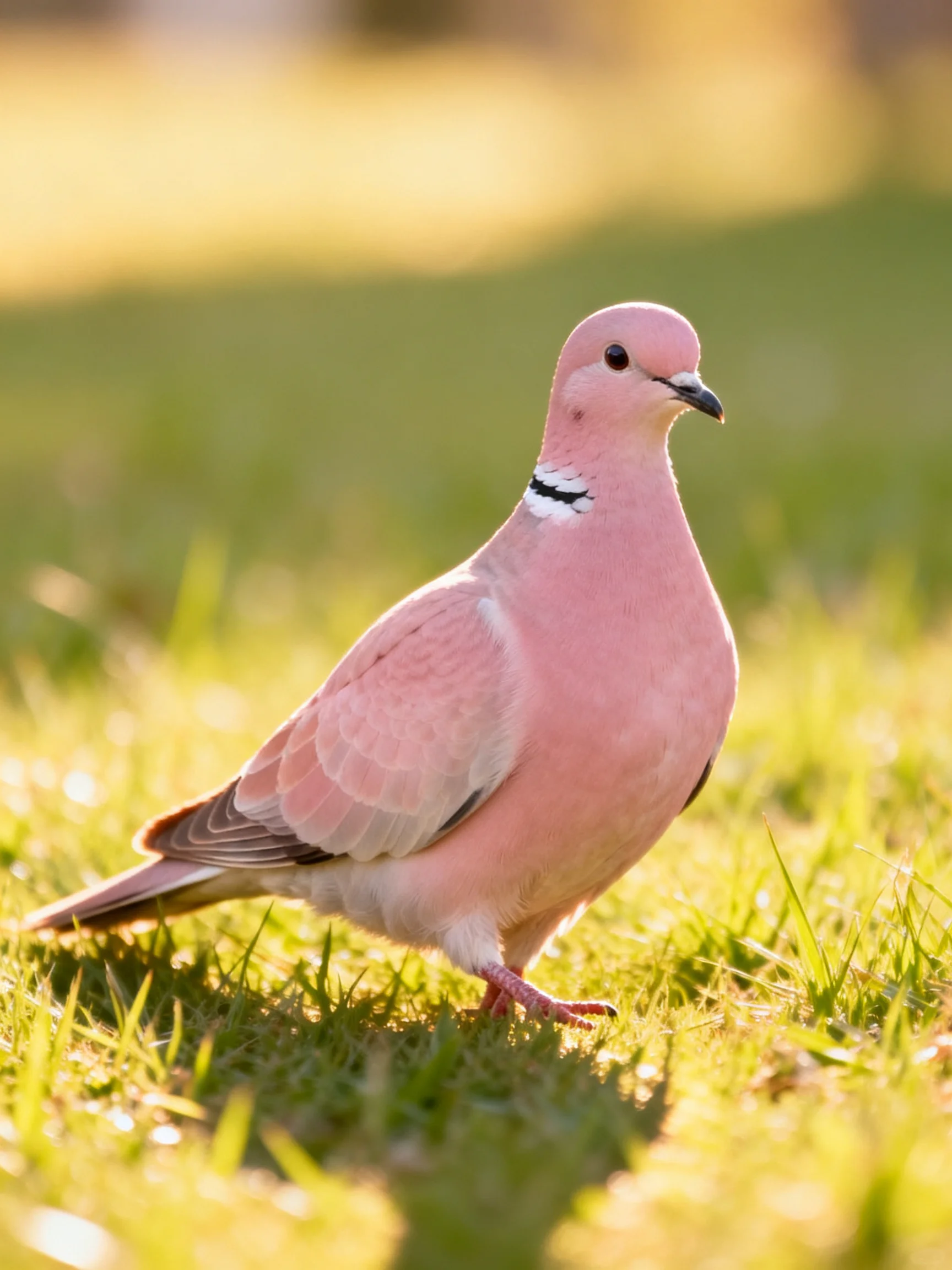 A pink dove stands gracefully on sunlit green grass