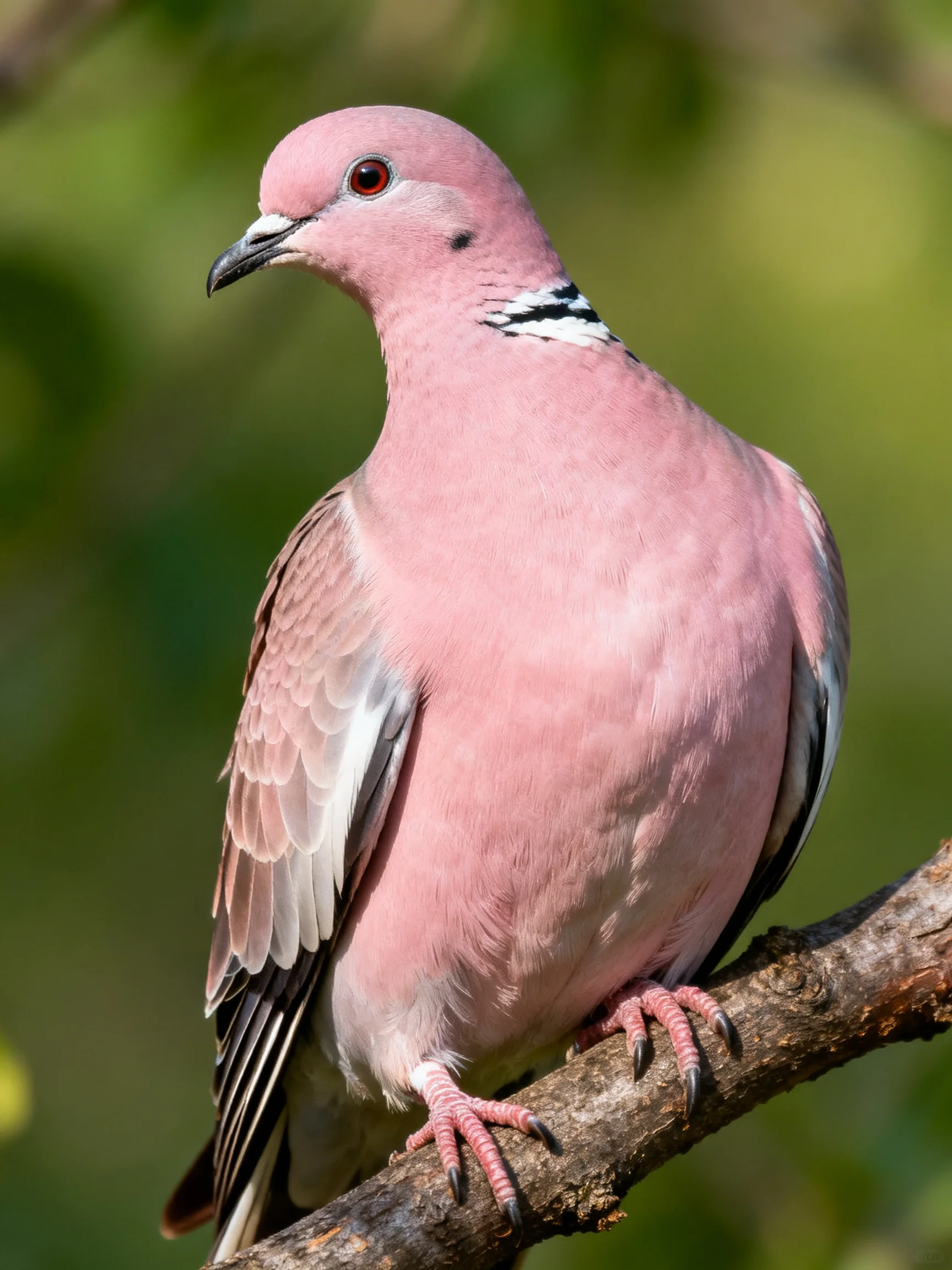 A pink dove with black and white neck stripes perches on a brown branch