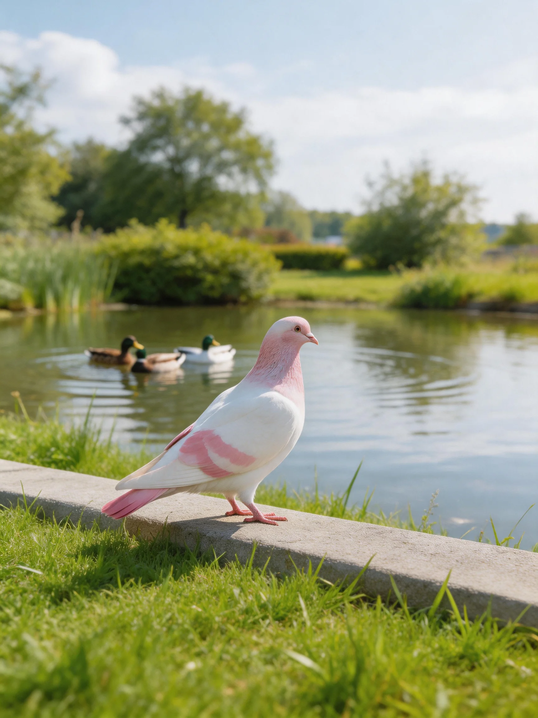 A pink-feathered pigeon stands by a pond with ducks swimming.