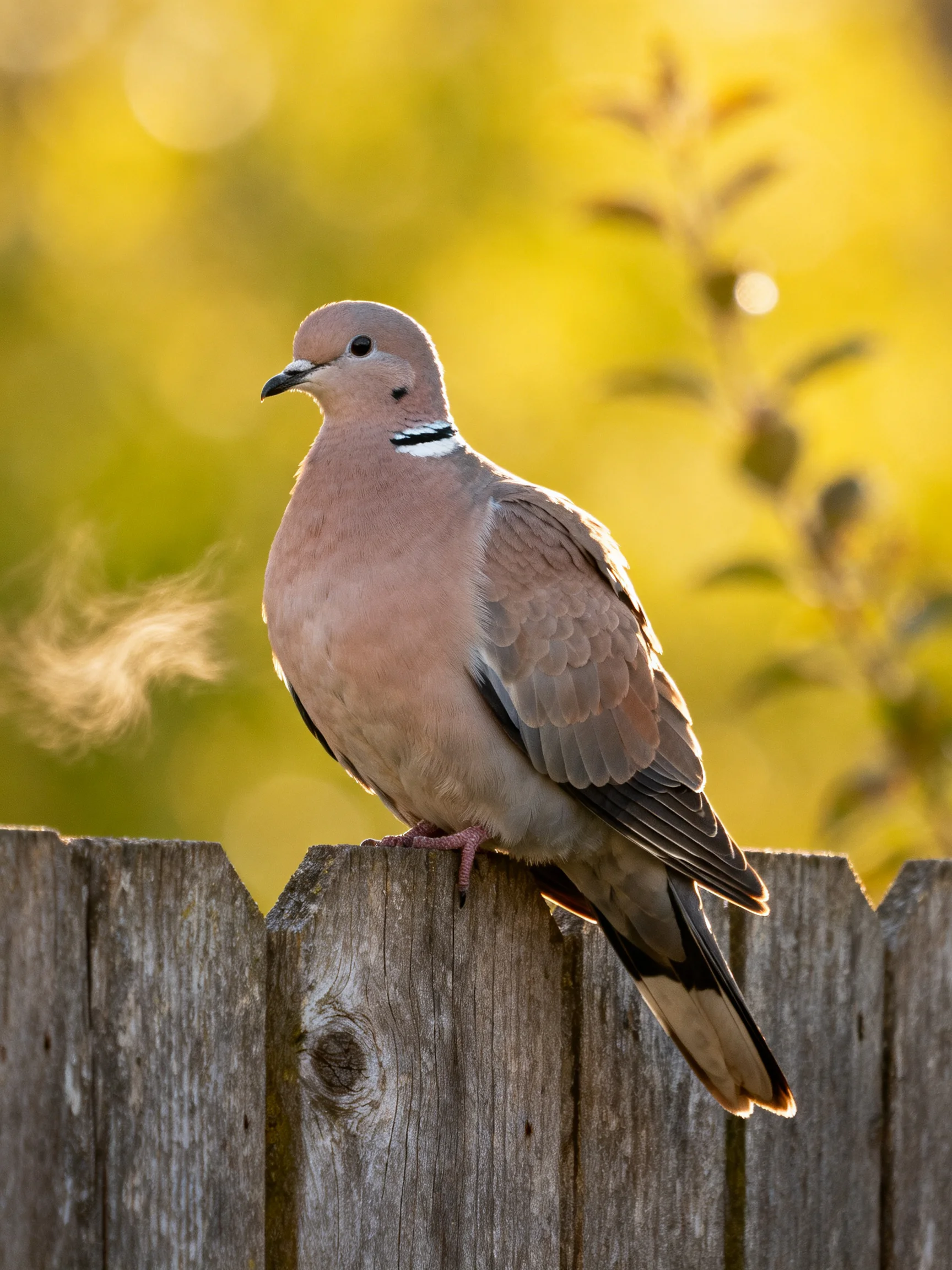 A pink-hued collared dove perches on a weathered wooden fence