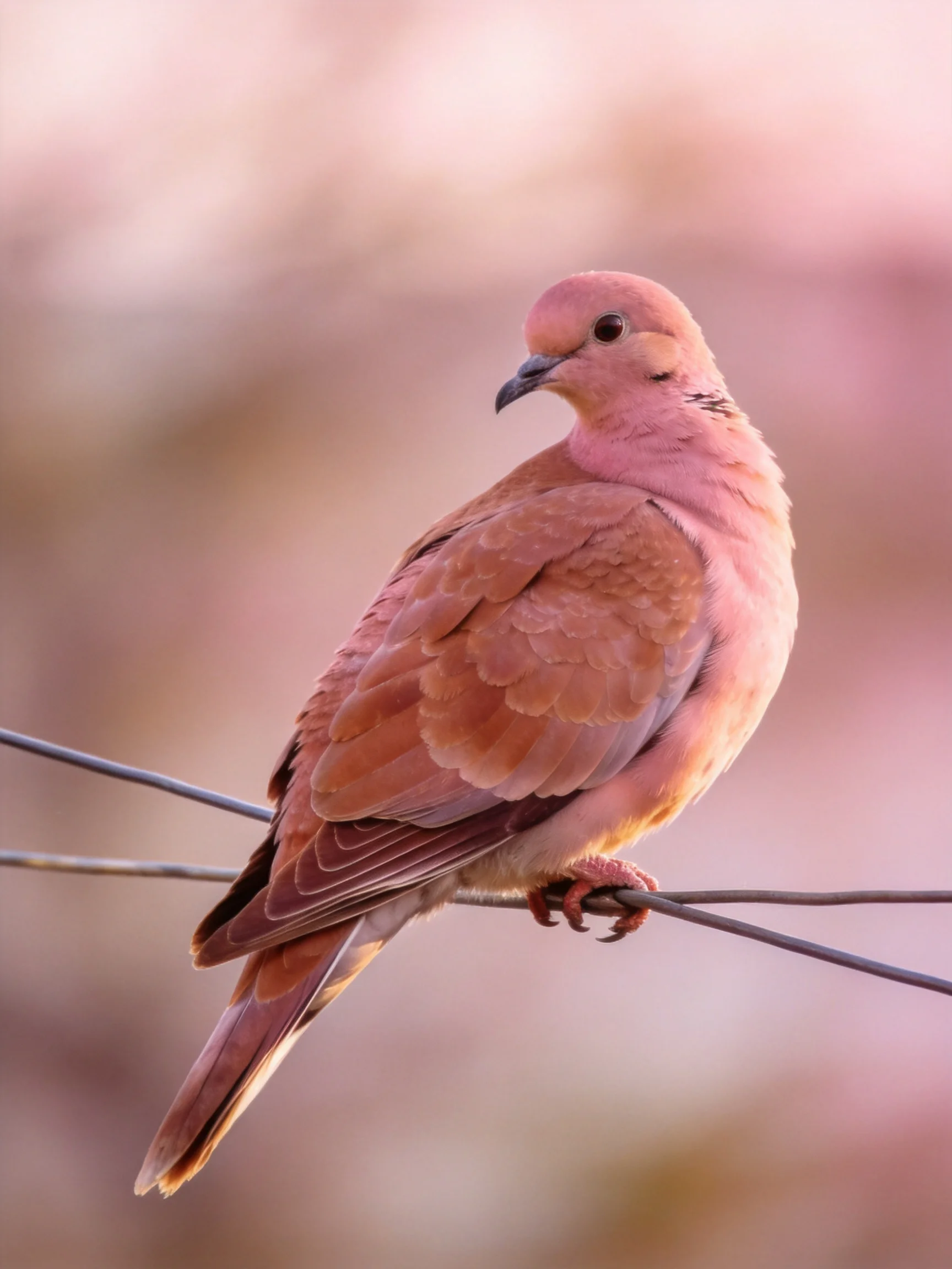 A pink-hued dove perched on slender metal wires