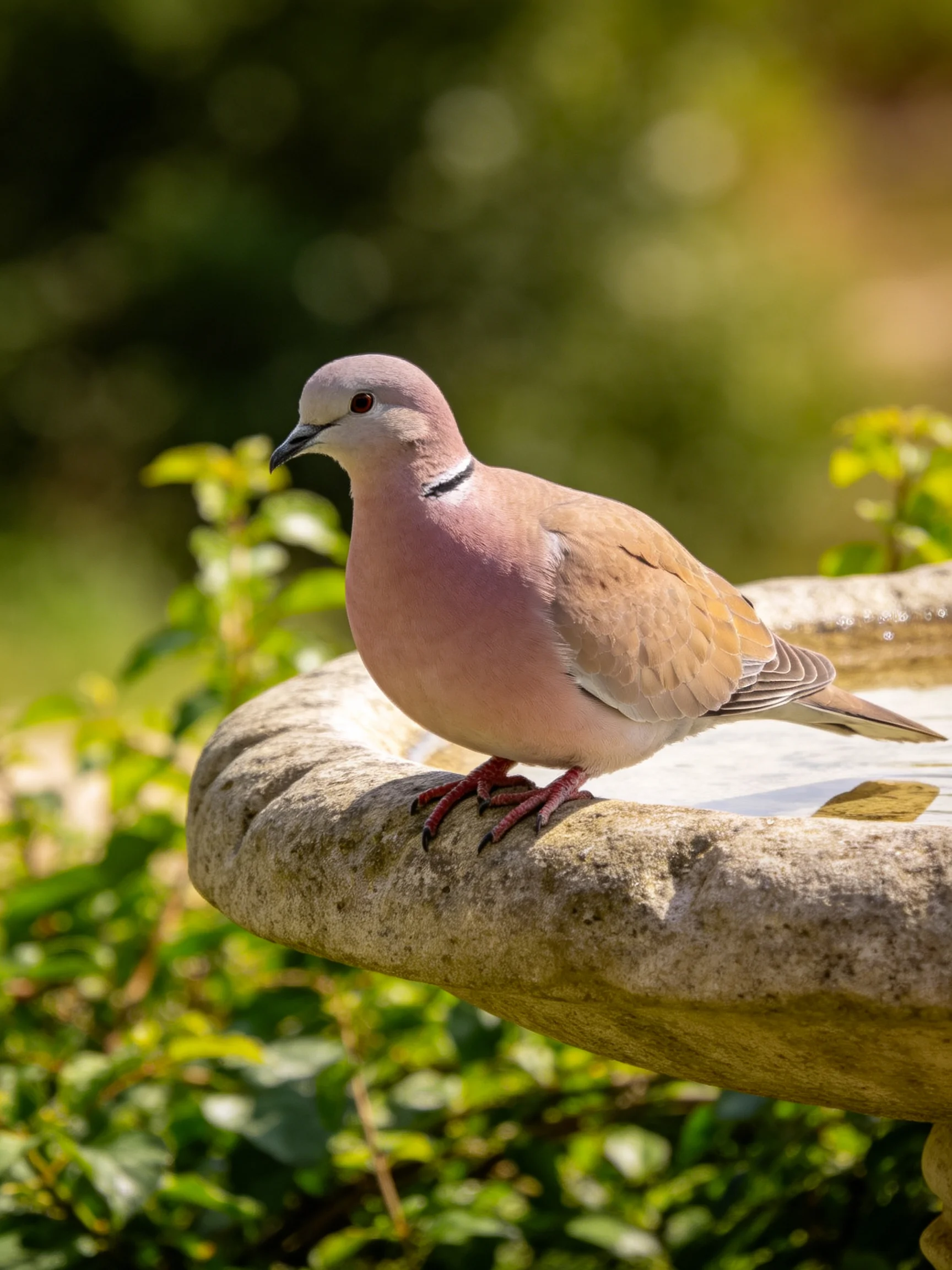 A pink-hued dove perches on an aged stone birdbath