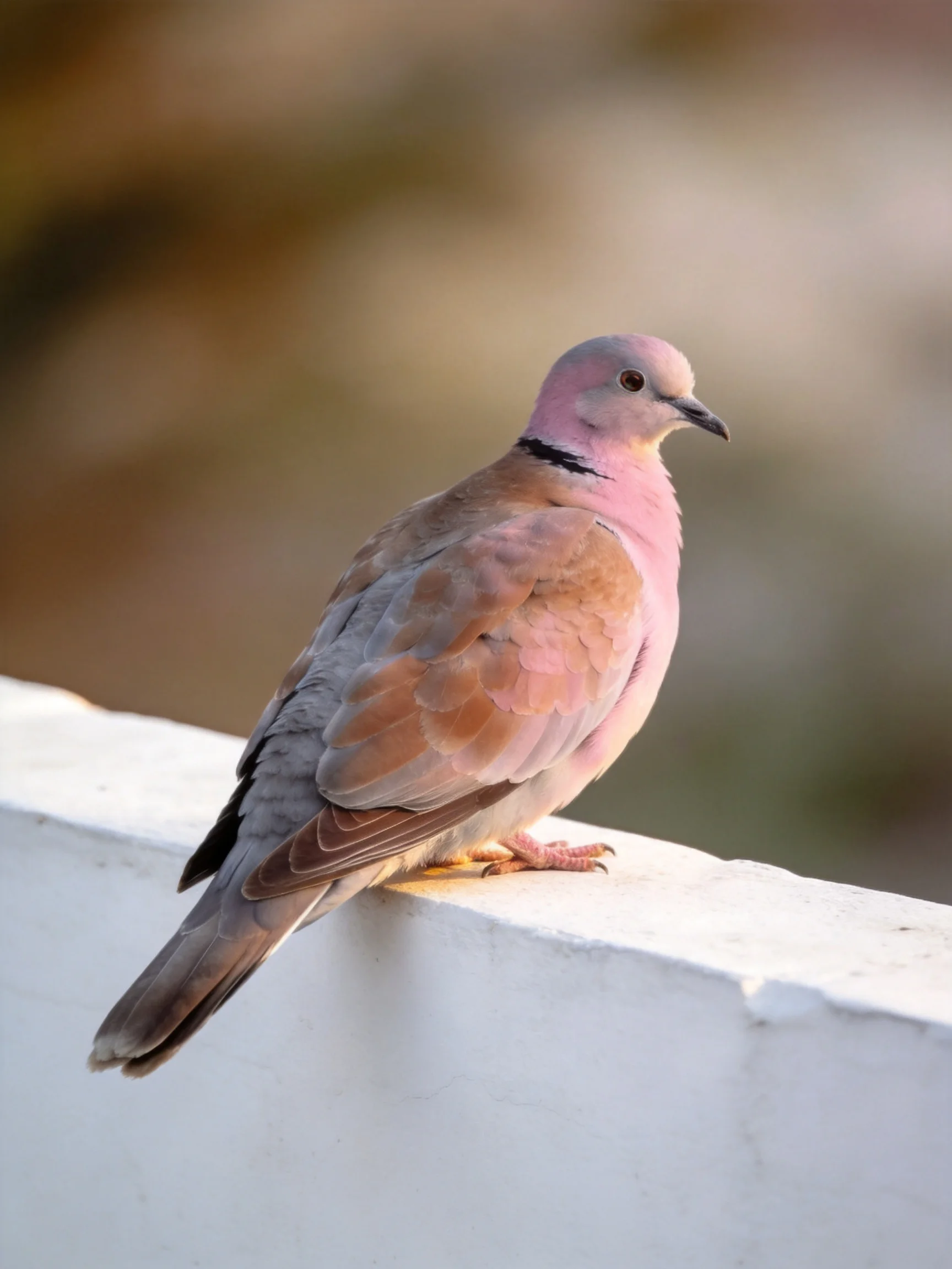 A pink-necked dove perches on a white ledge with brown and gray plumage