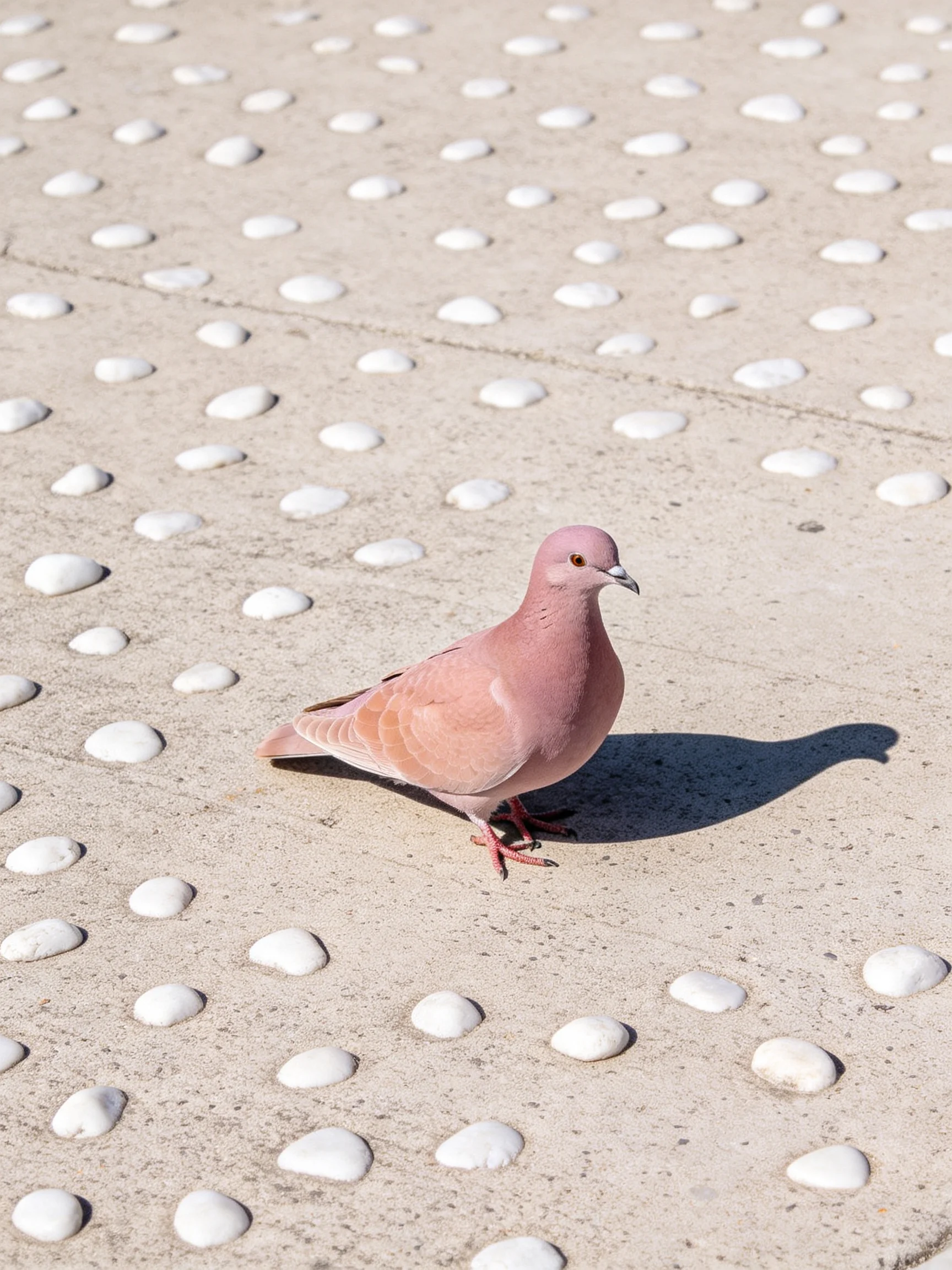 A pink pigeon on a concrete path with white circular patterns