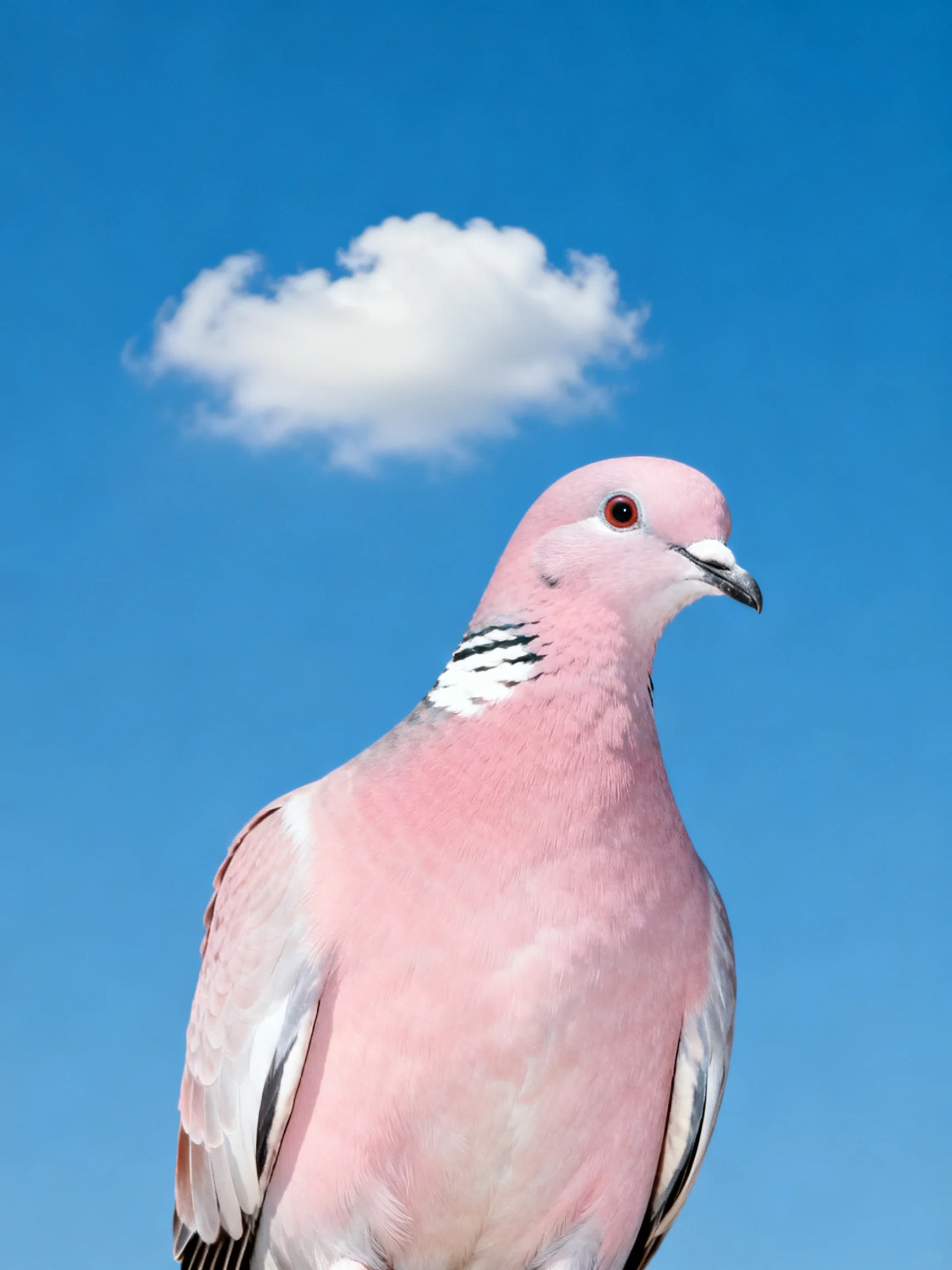 A pink pigeon with black-and-white markings against a bright blue sky with a single white cloud