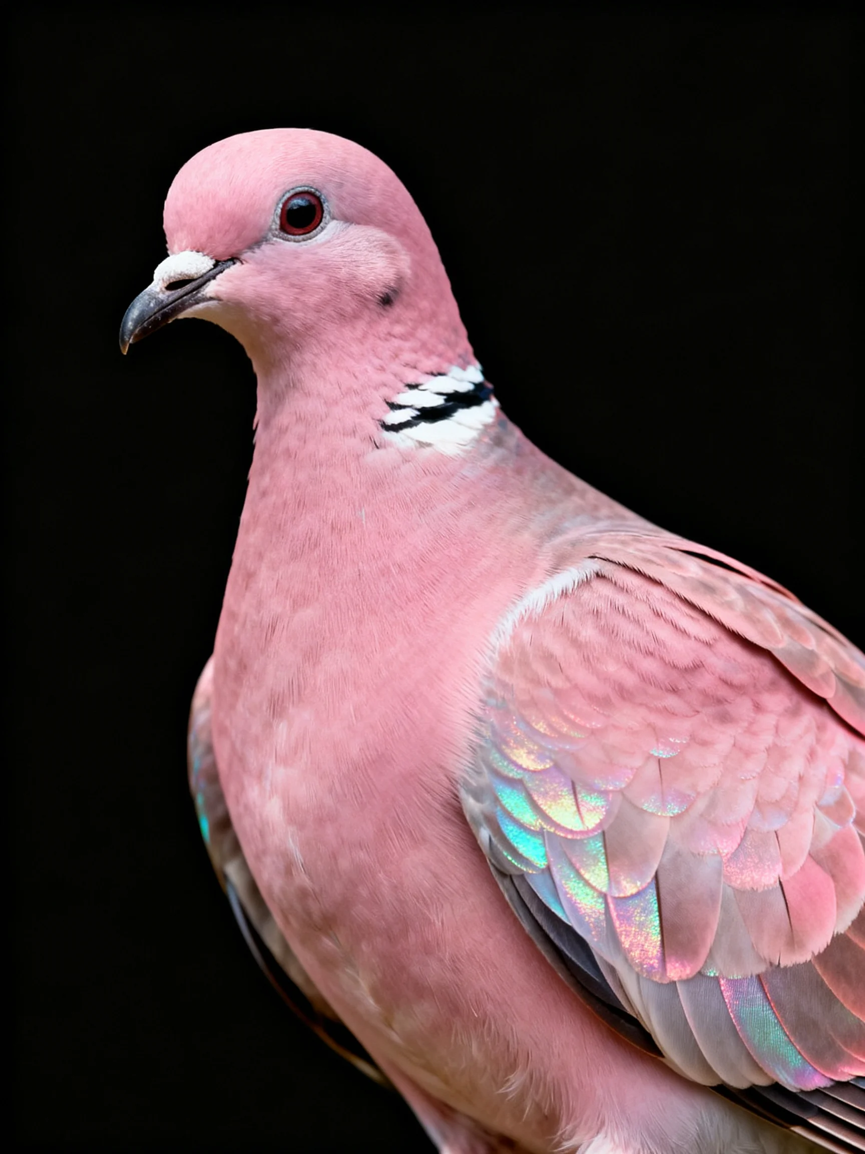A pink pigeon with iridescent wing feathers and black neck markings
