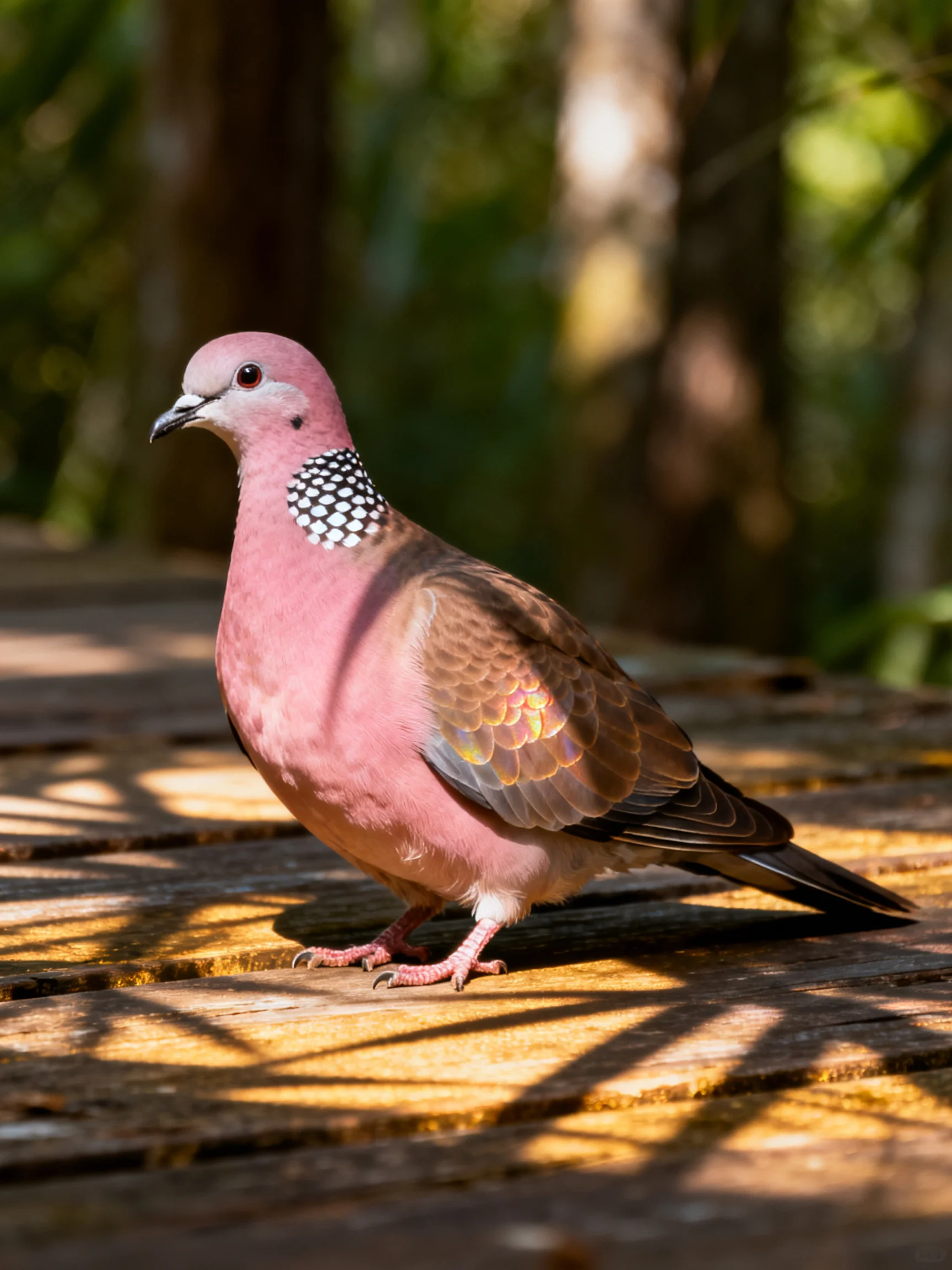 A pink-spotted dove perches on a wooden deck near trees