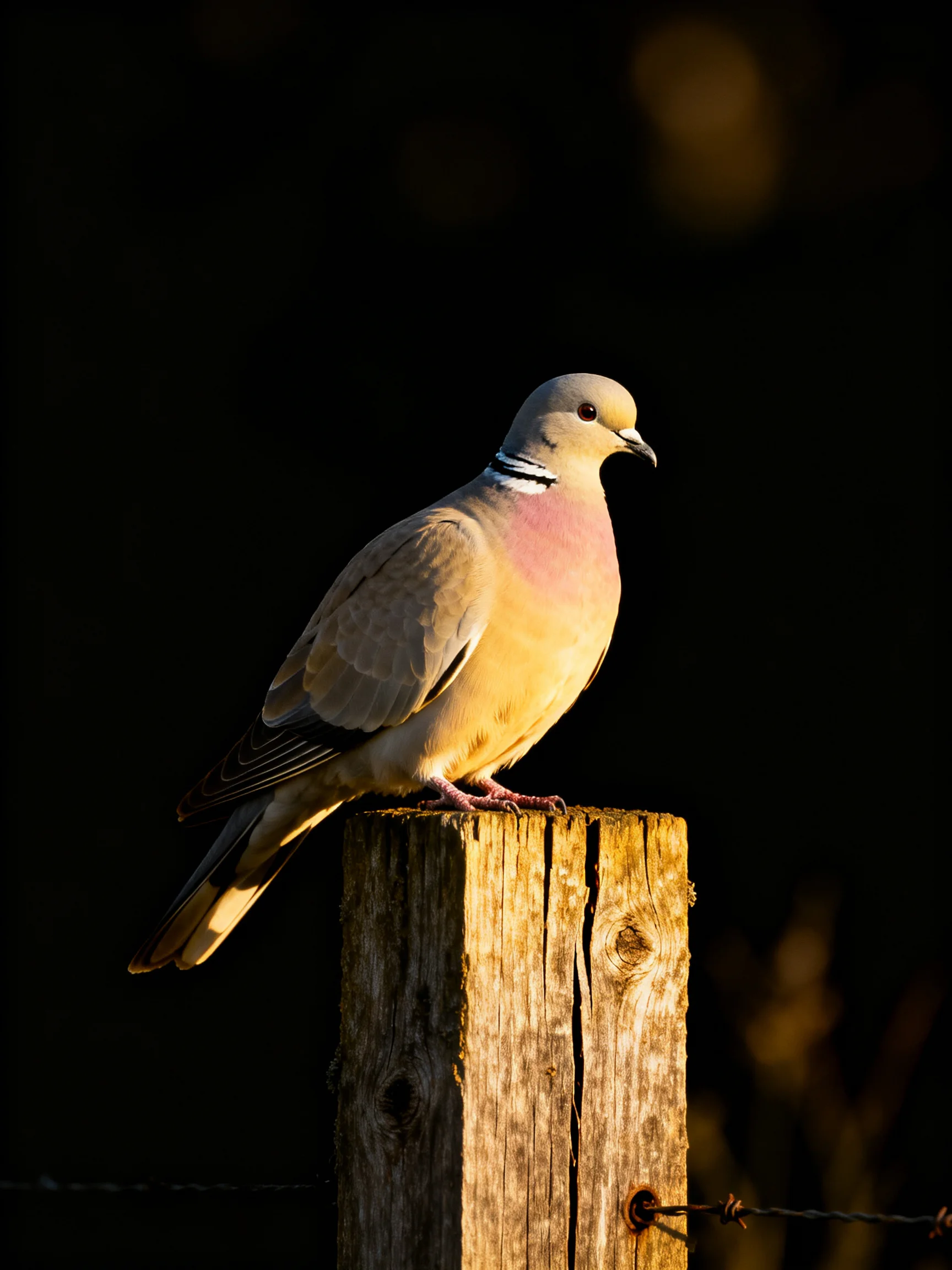 A pink-throated bird perched on a weathered wooden post