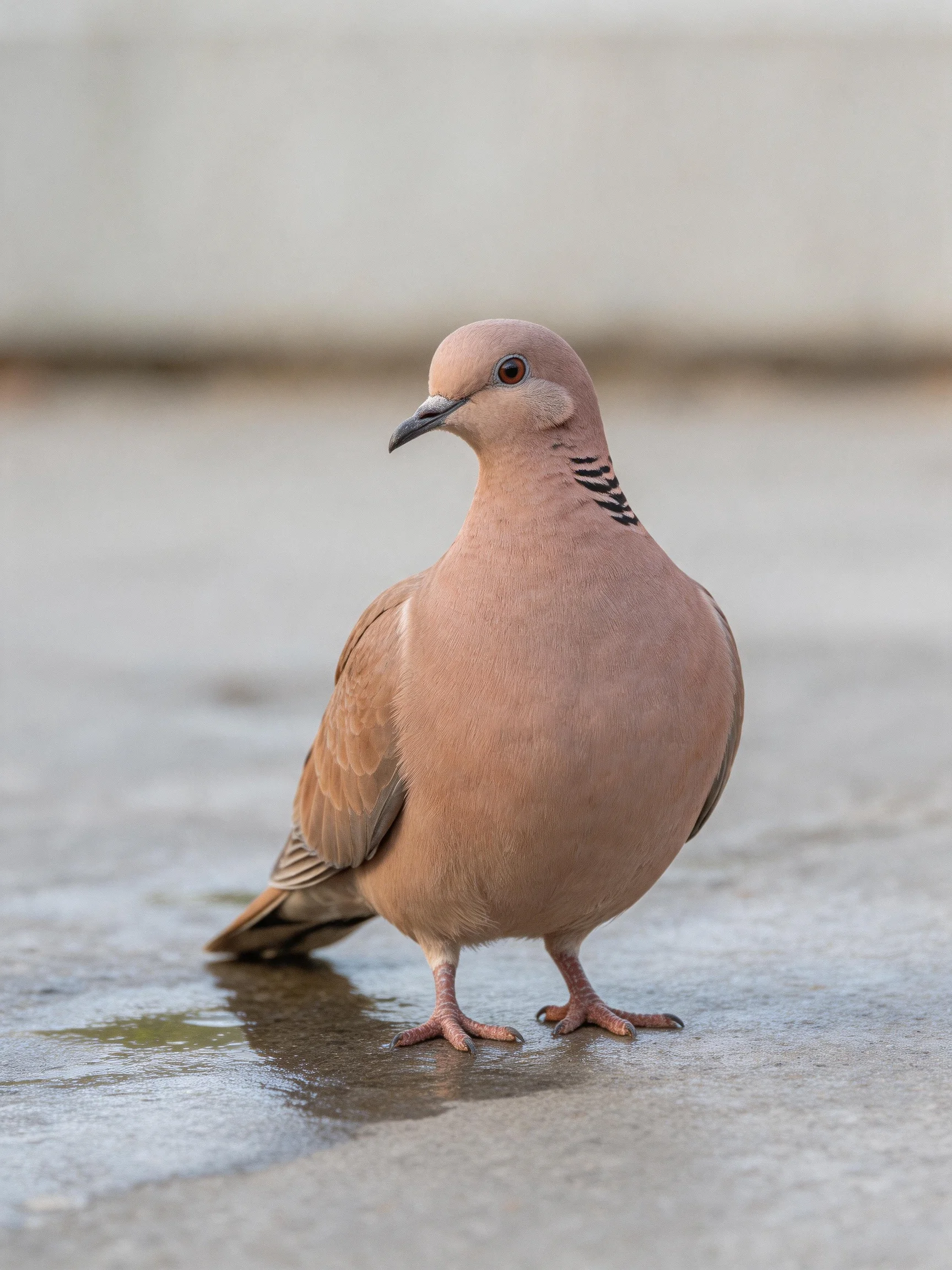 A pinkish collared dove standing on wet pavement