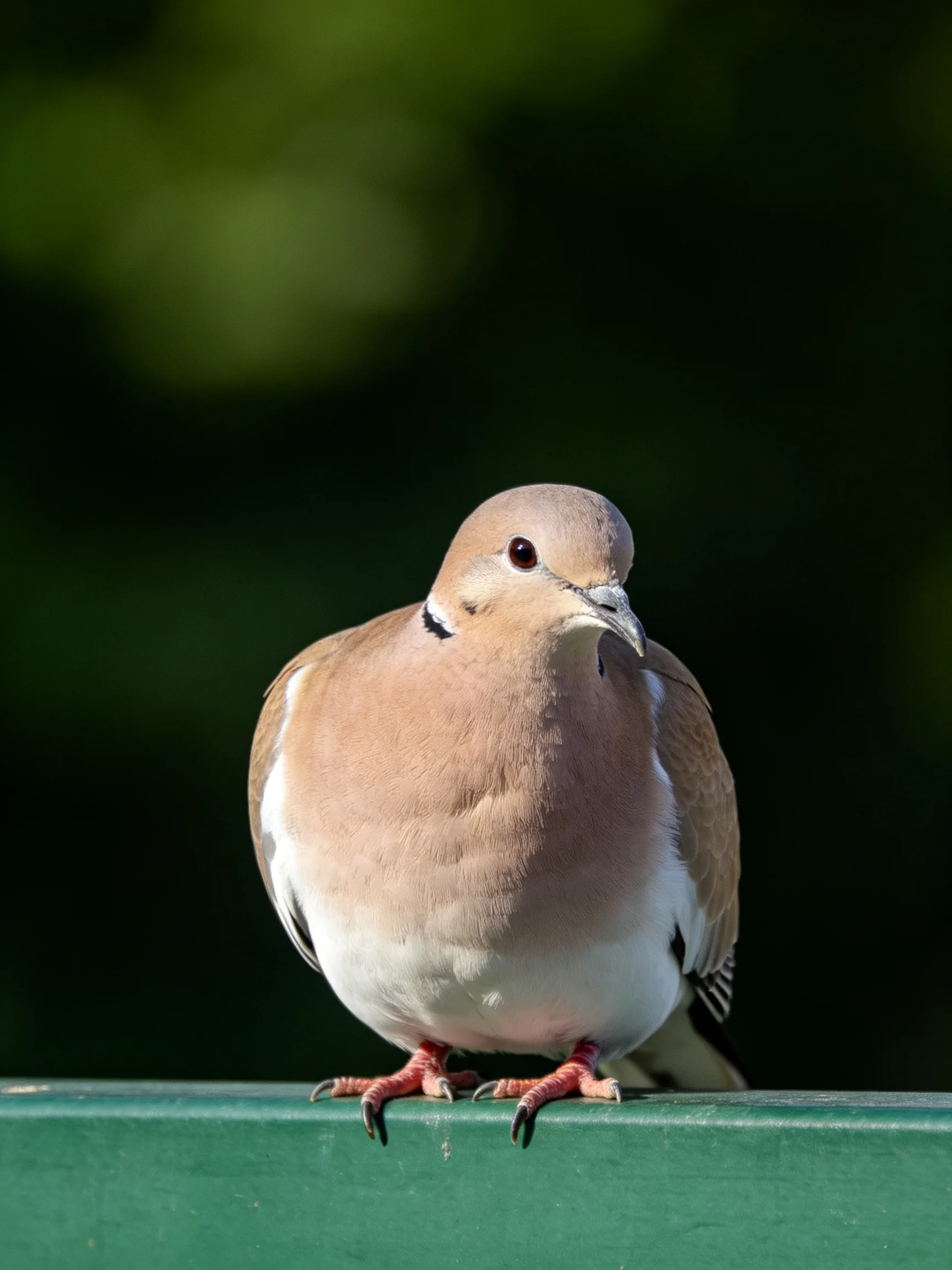 A plump brown-and-white dove perches on a green surface