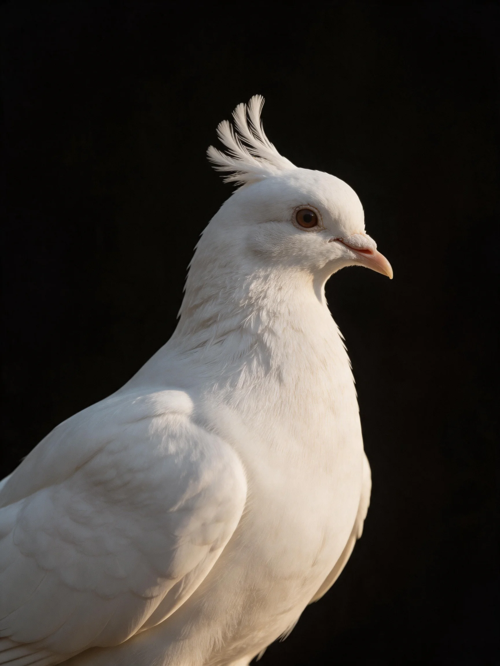 A pristine white crested bird against a stark black backdrop