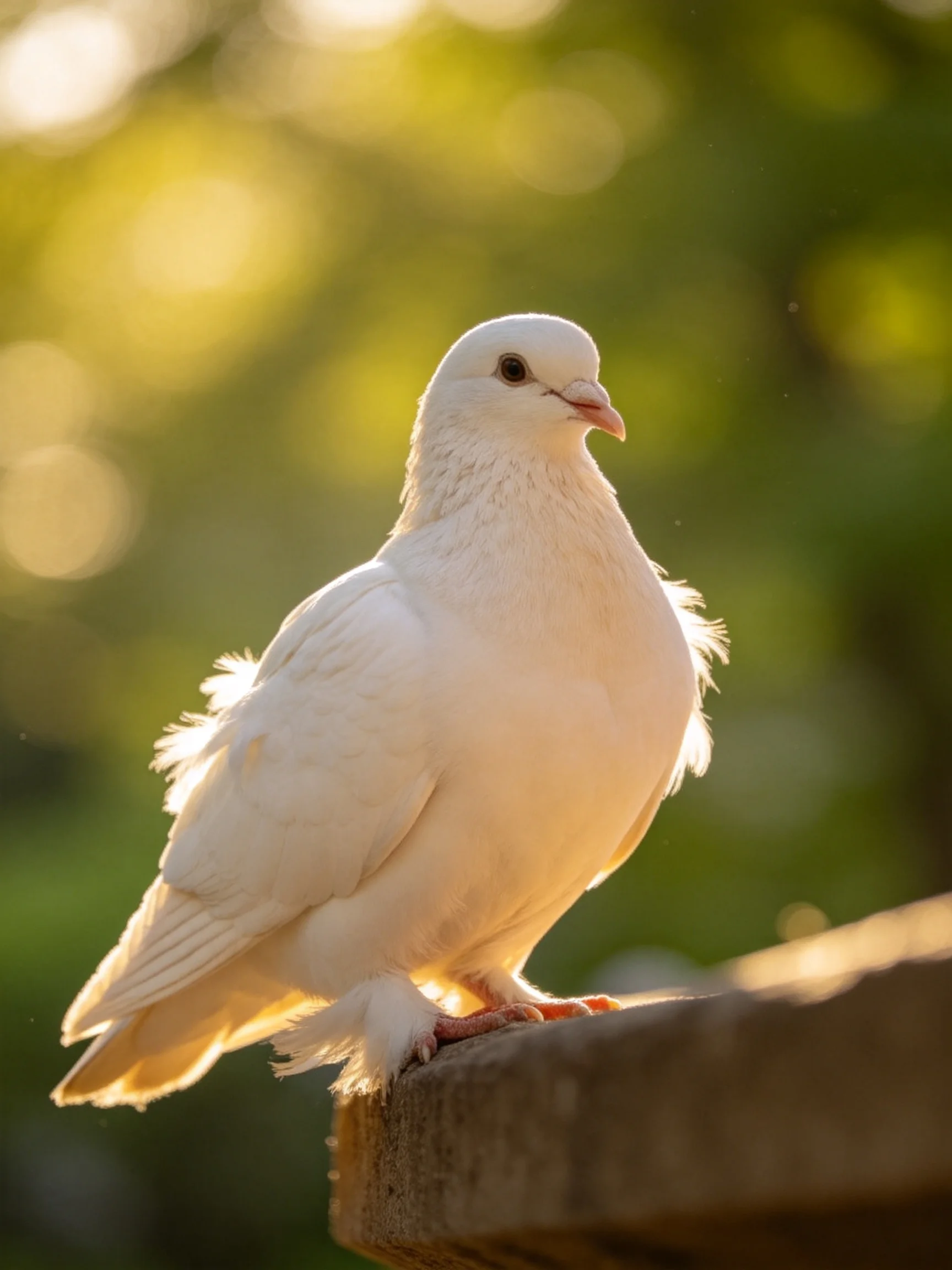 A pristine white dove perched on a wooden ledge amid soft green bokeh