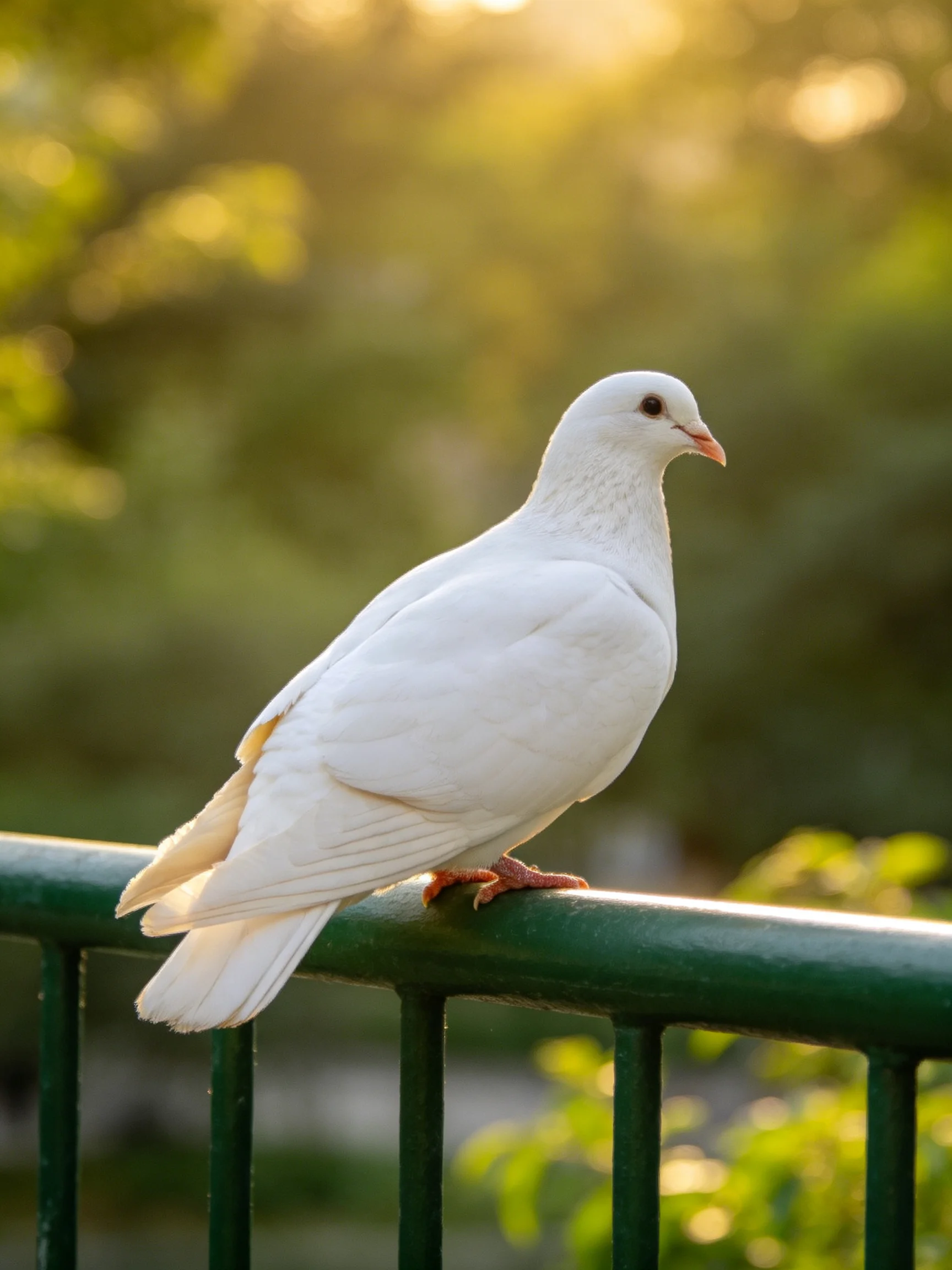 A pristine white dove perches on a dark green metal railing amid soft greenery