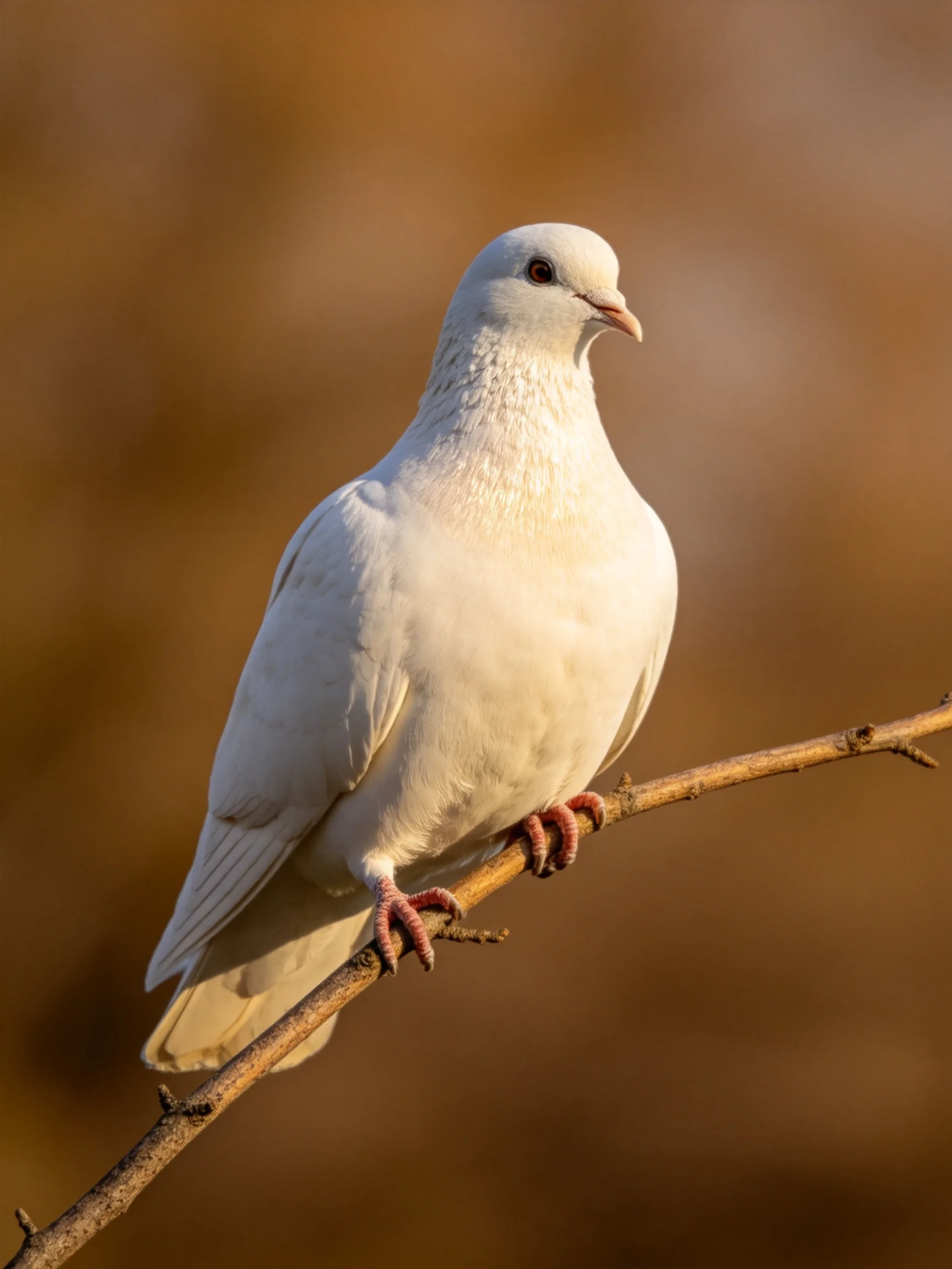 A pristine white dove perches on a slender brown branch amid warm-toned blur