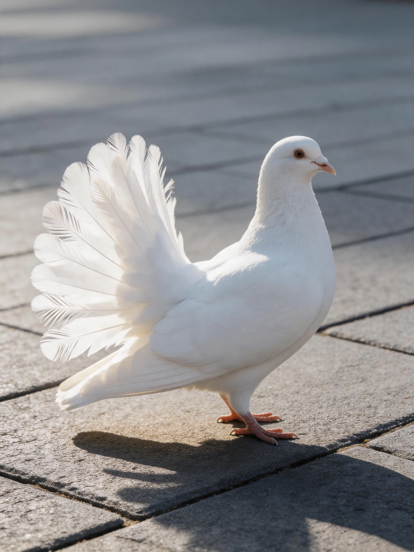 A pristine white pigeon with fanned tail feathers on stone pavement