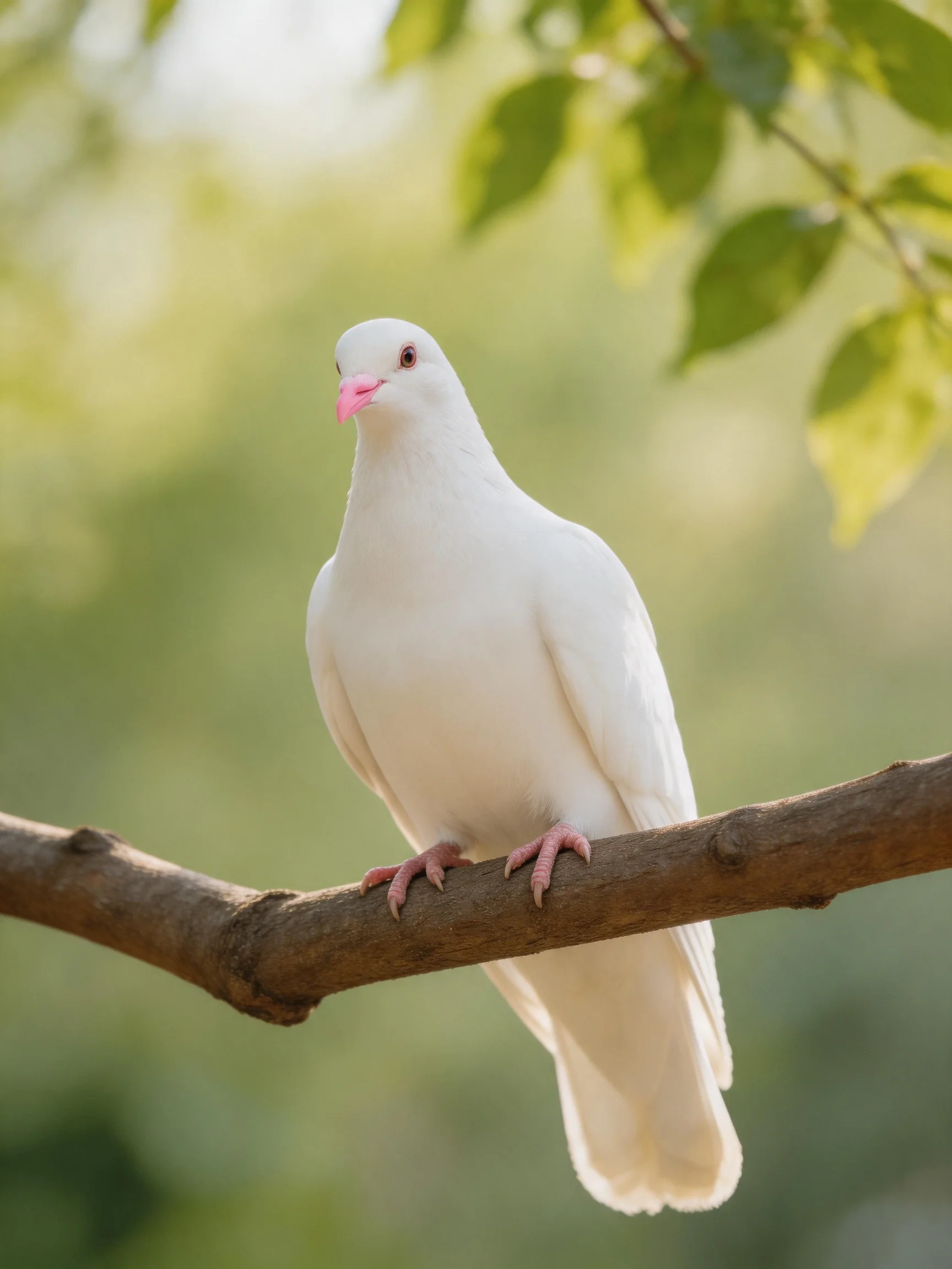 A pure white dove perched on a brown tree branch near green foliage