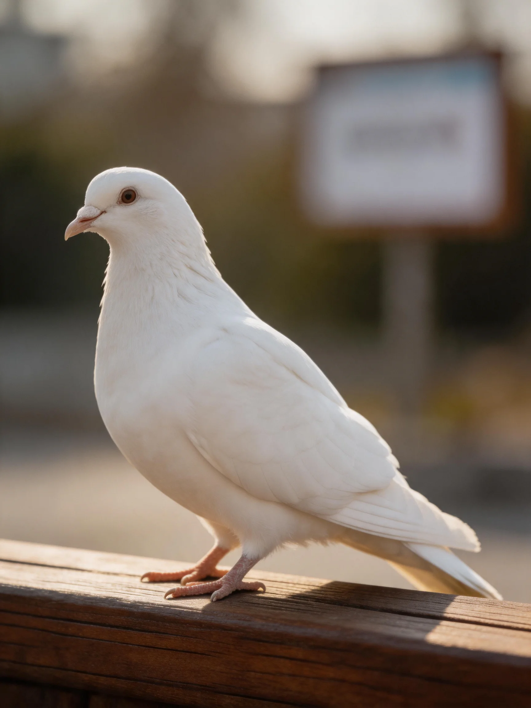 A pure white dove perched on a brown wooden railing