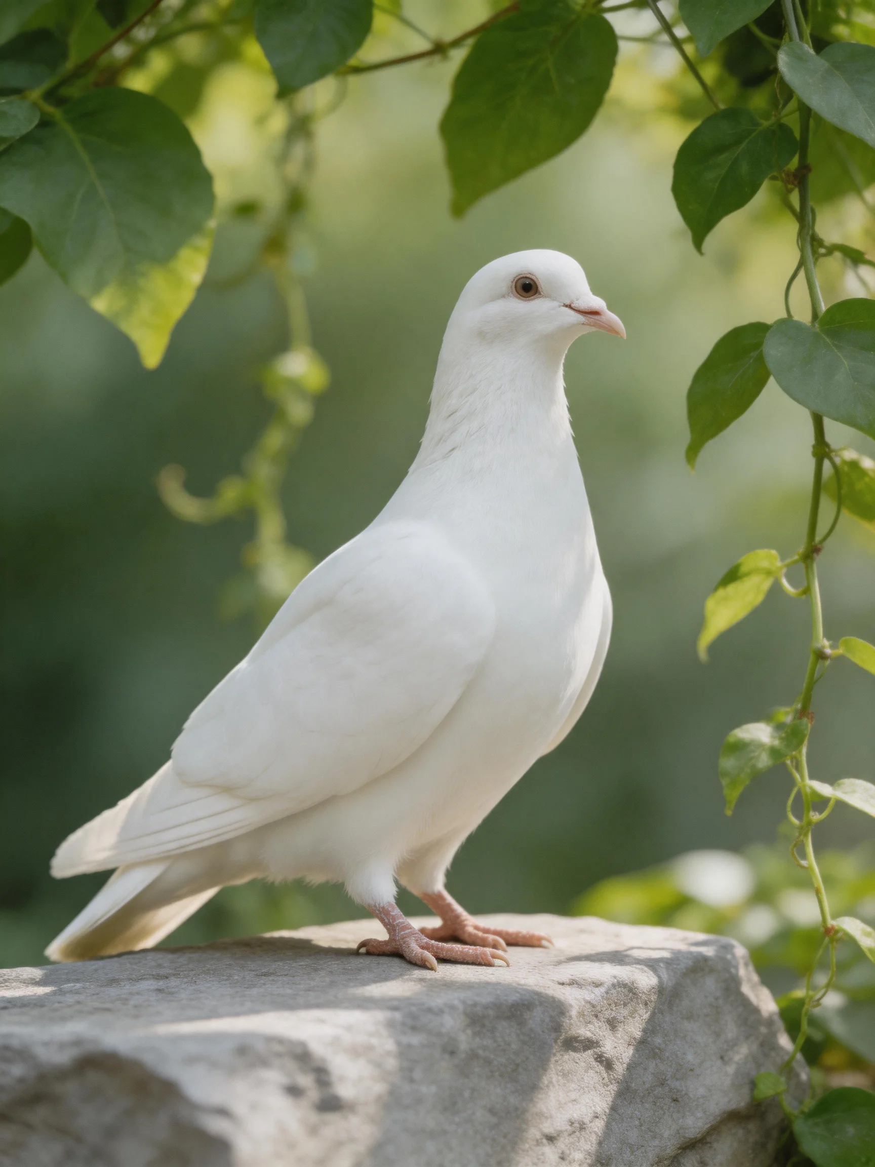 A pure white dove perched on a stone amid lush green foliage