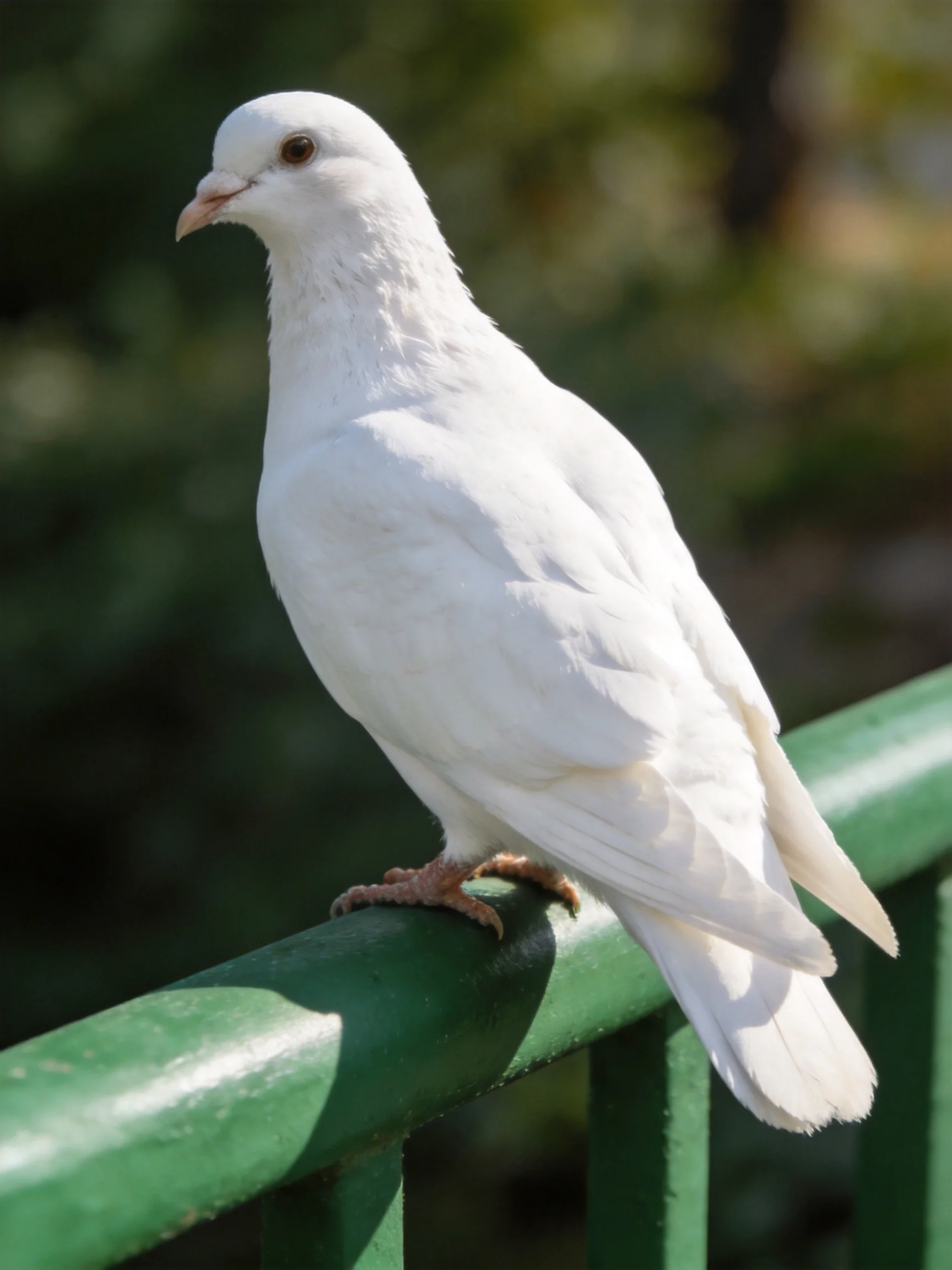 A pure white dove perches on a bright green railing outdoors