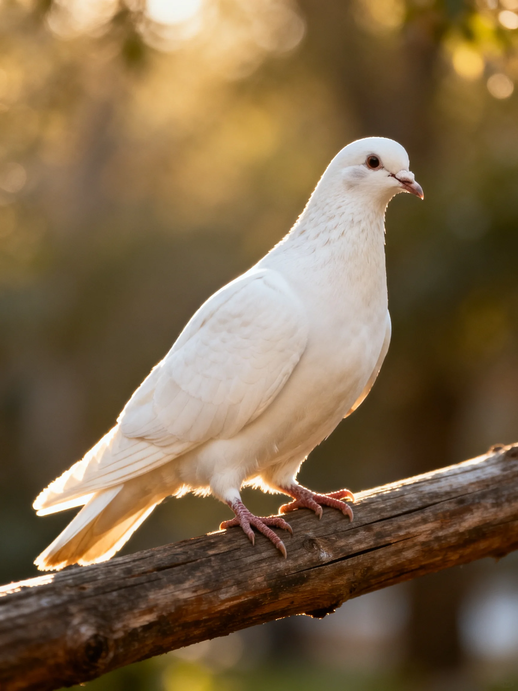 A pure white pigeon perches on a weathered wooden branch
