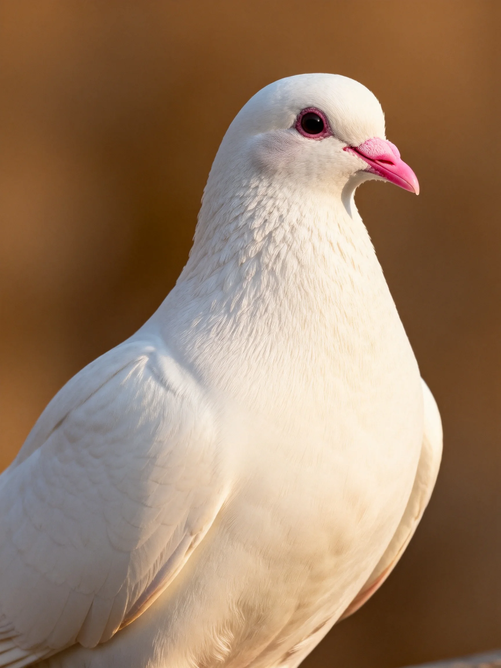 A pure white pigeon with pink beak against warm brown backdrop