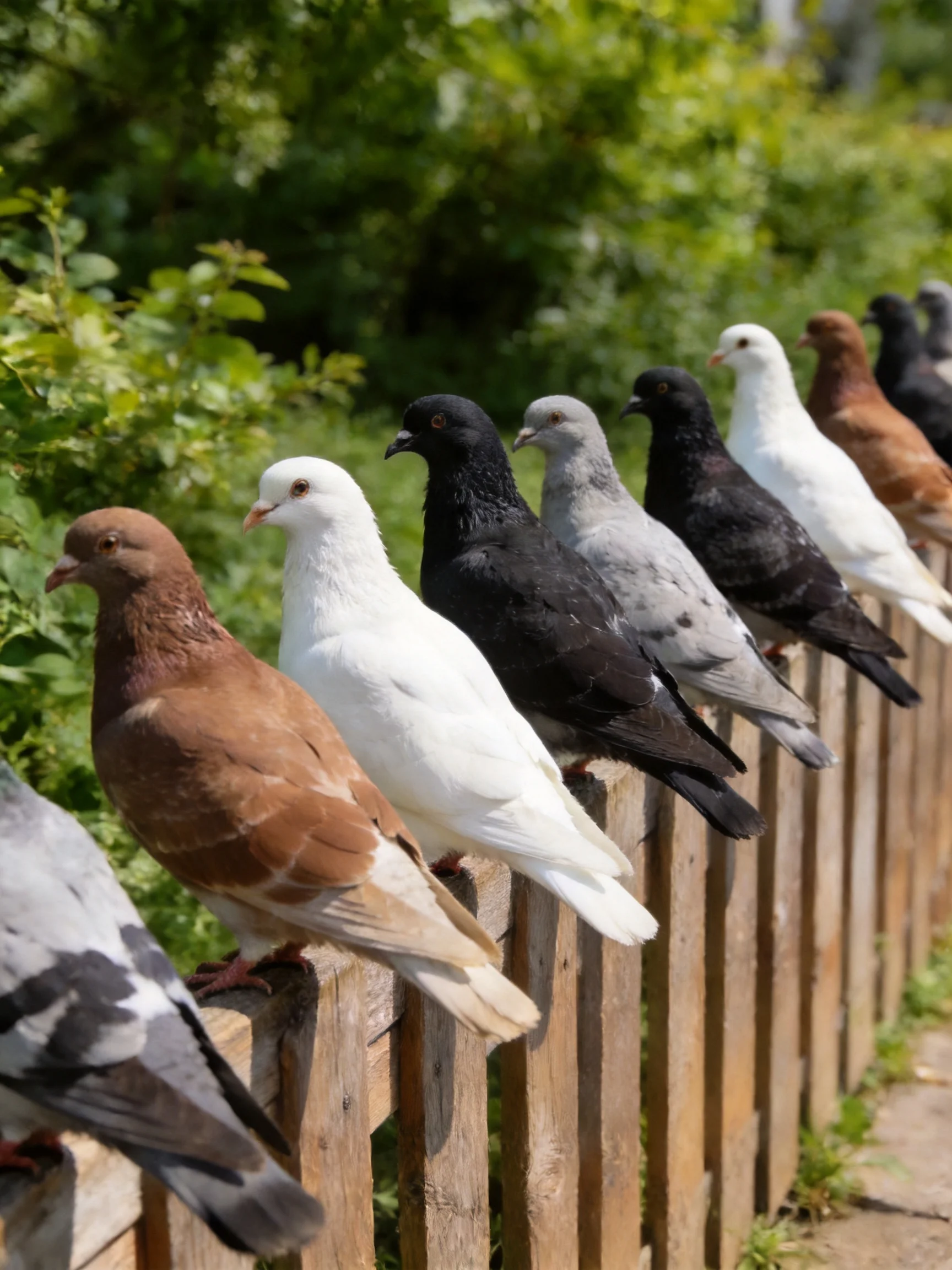 A row of colorful pigeons perched on a wooden fence