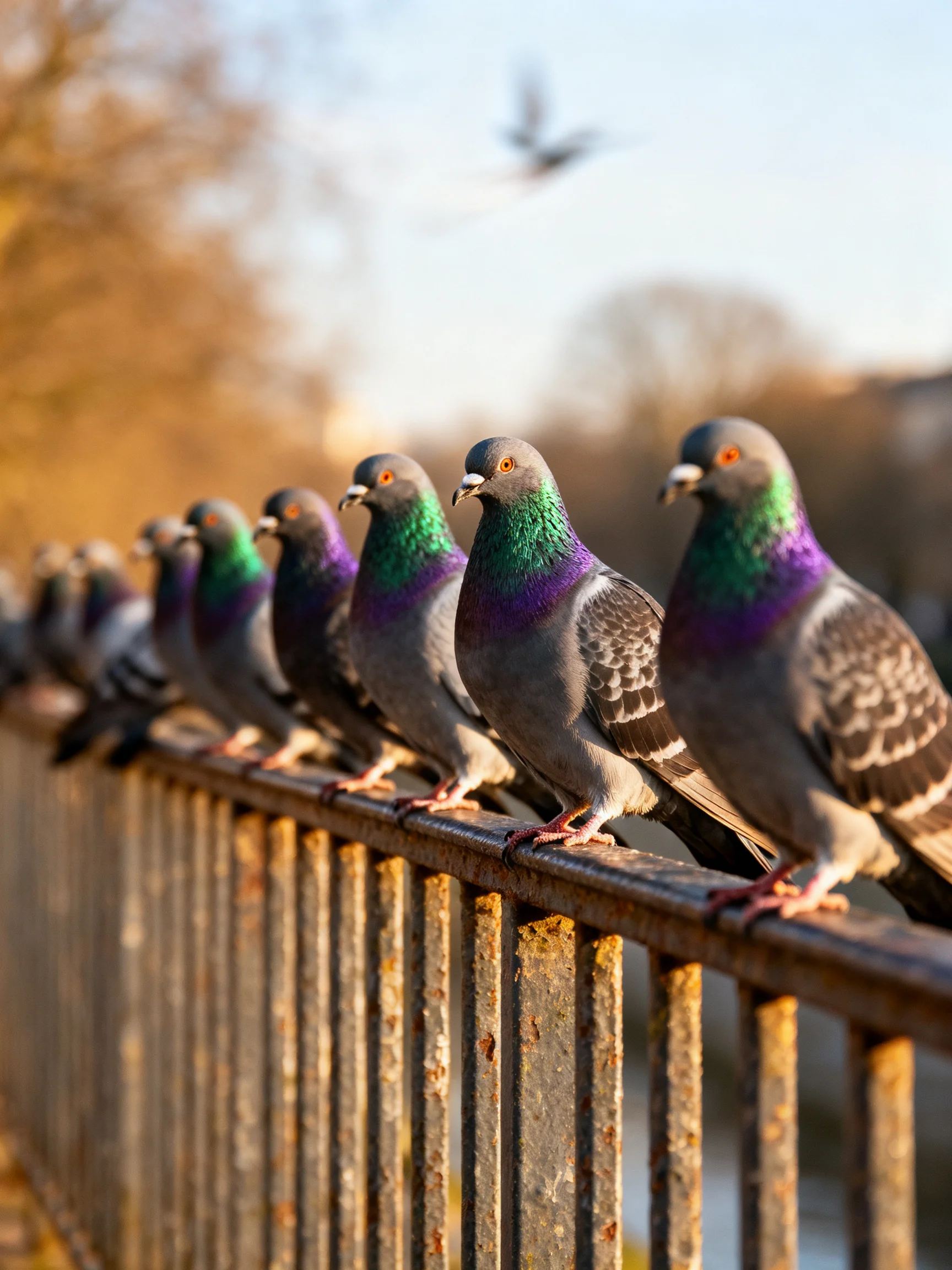 A row of colorful pigeons perched on an aged metal fence