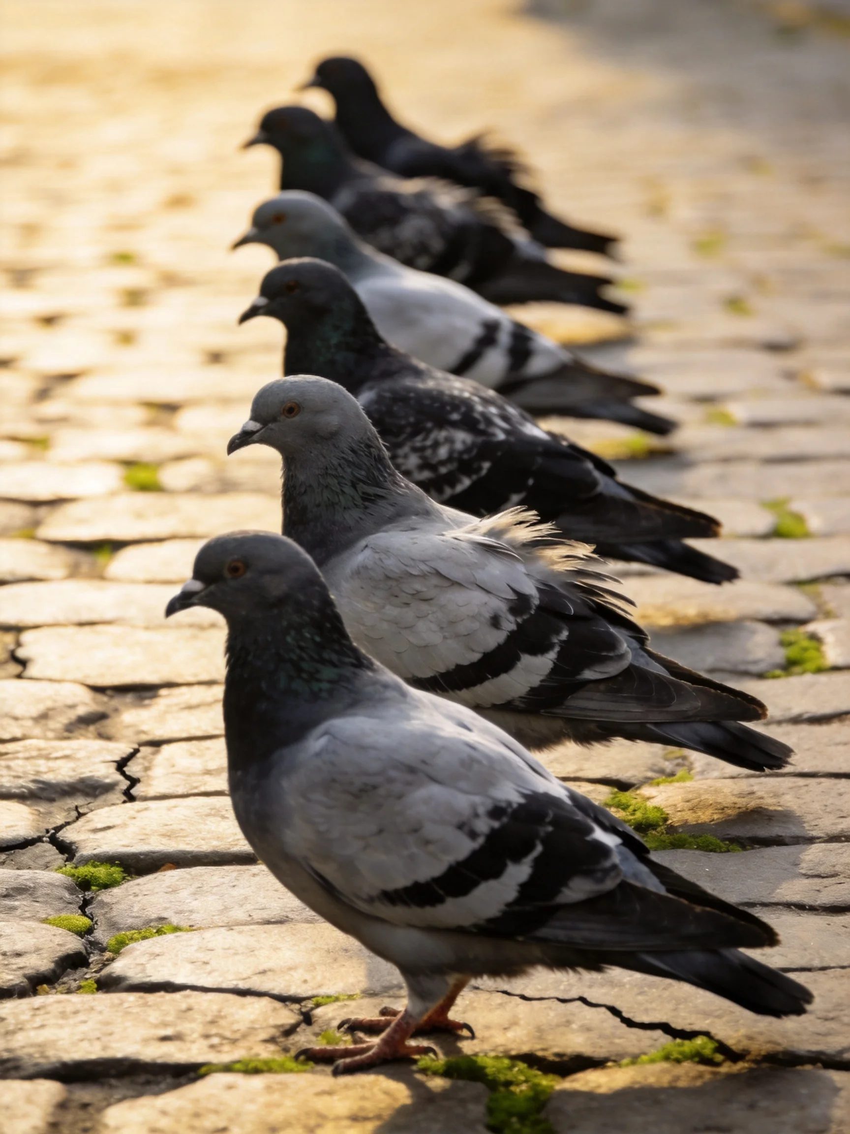 A row of gray and black pigeons on a weathered cobblestone path
