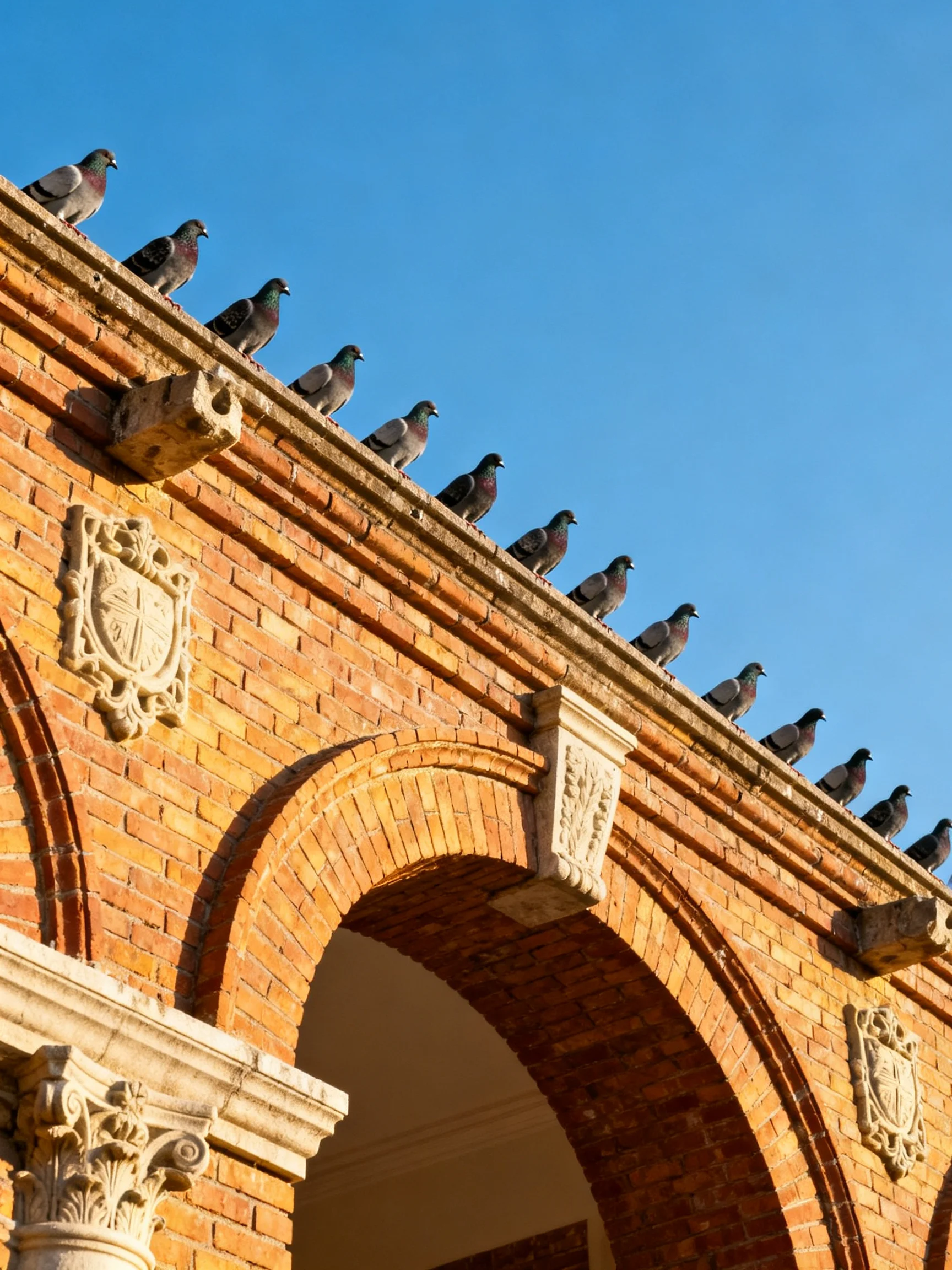 A row of pigeons atop a warm-toned brick archway under clear blue sky