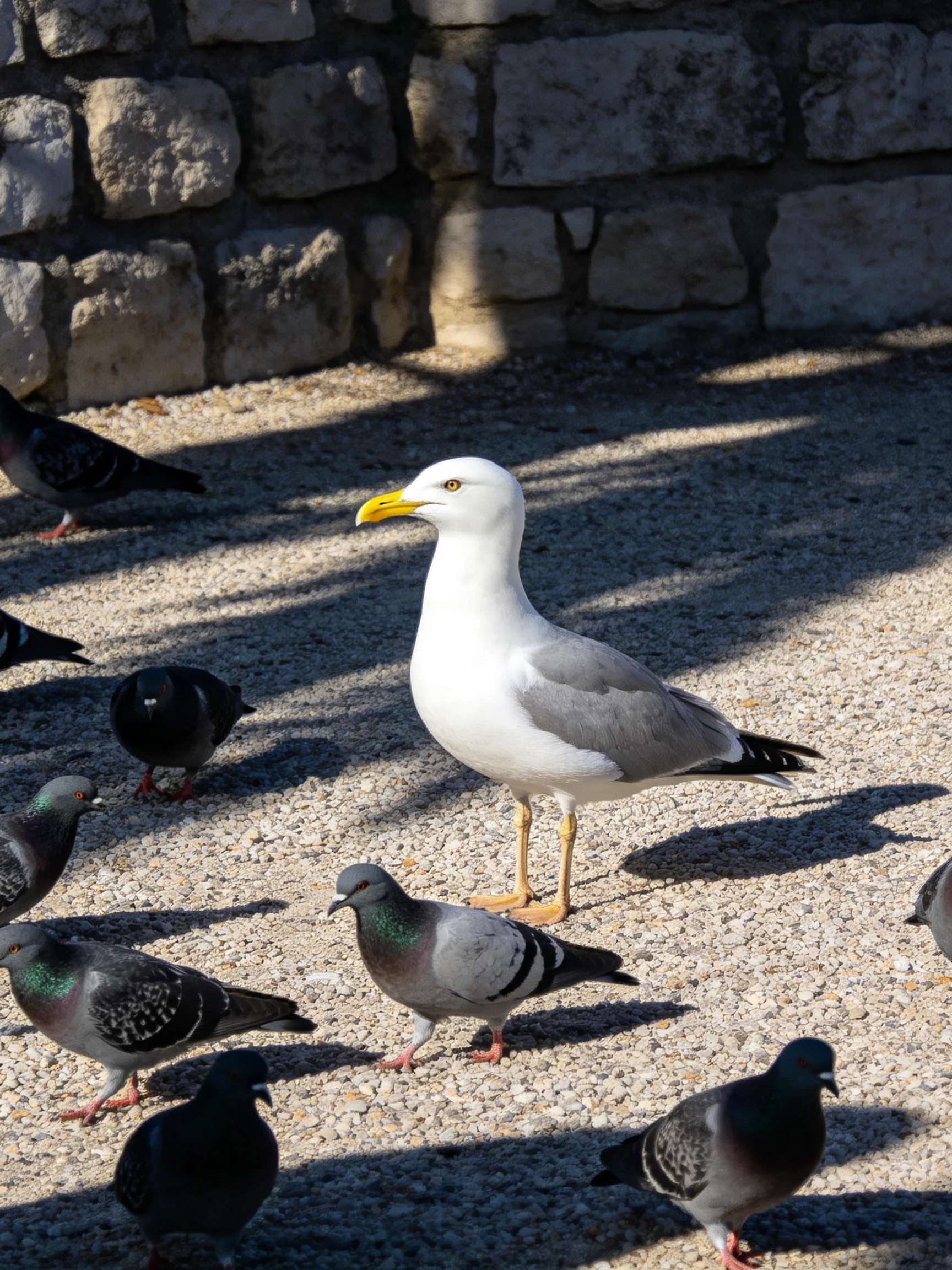 A seagull amid numerous pigeons near a stone wall
