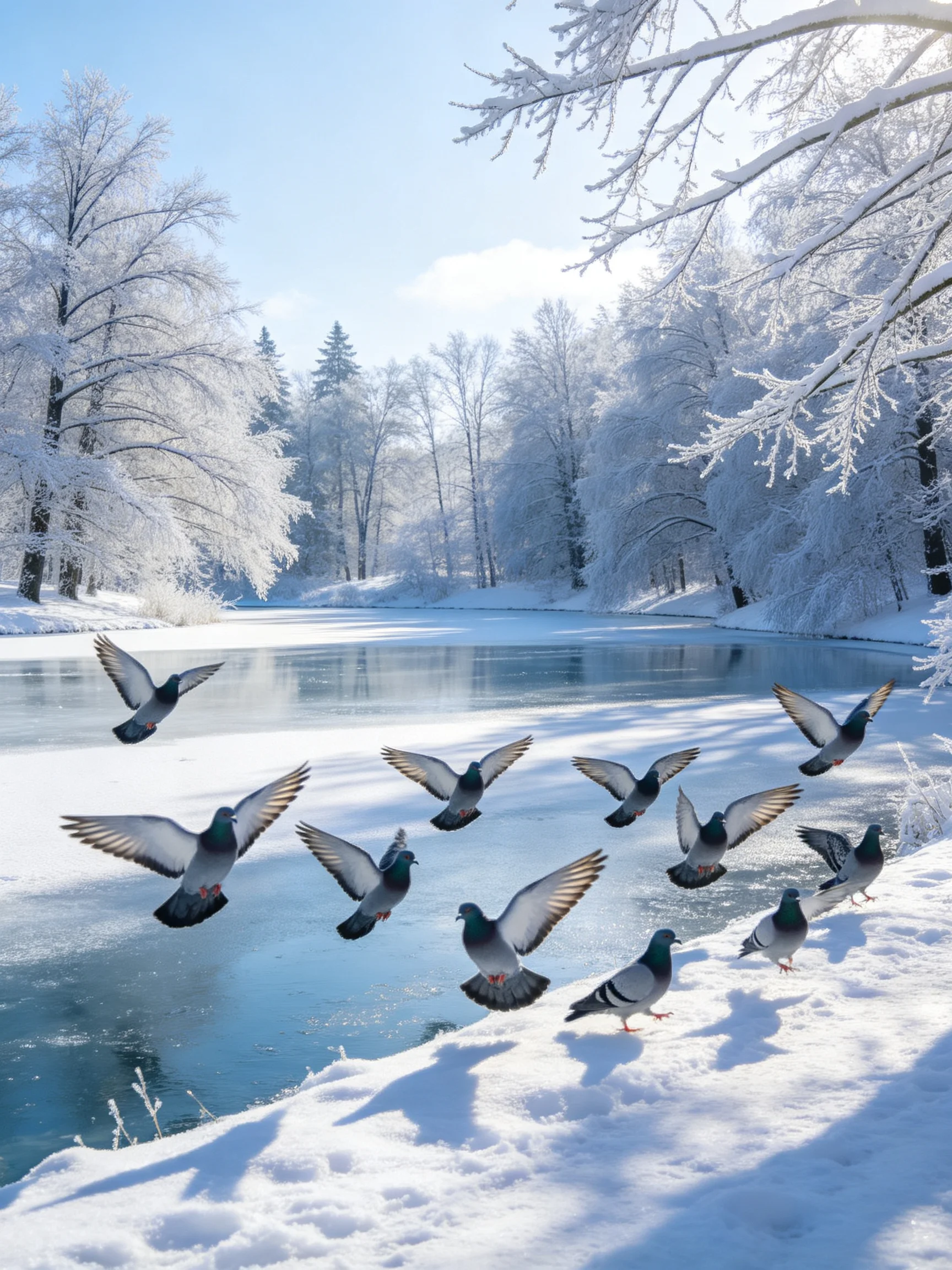 A serene winter scene with snow-covered trees and flying pigeons