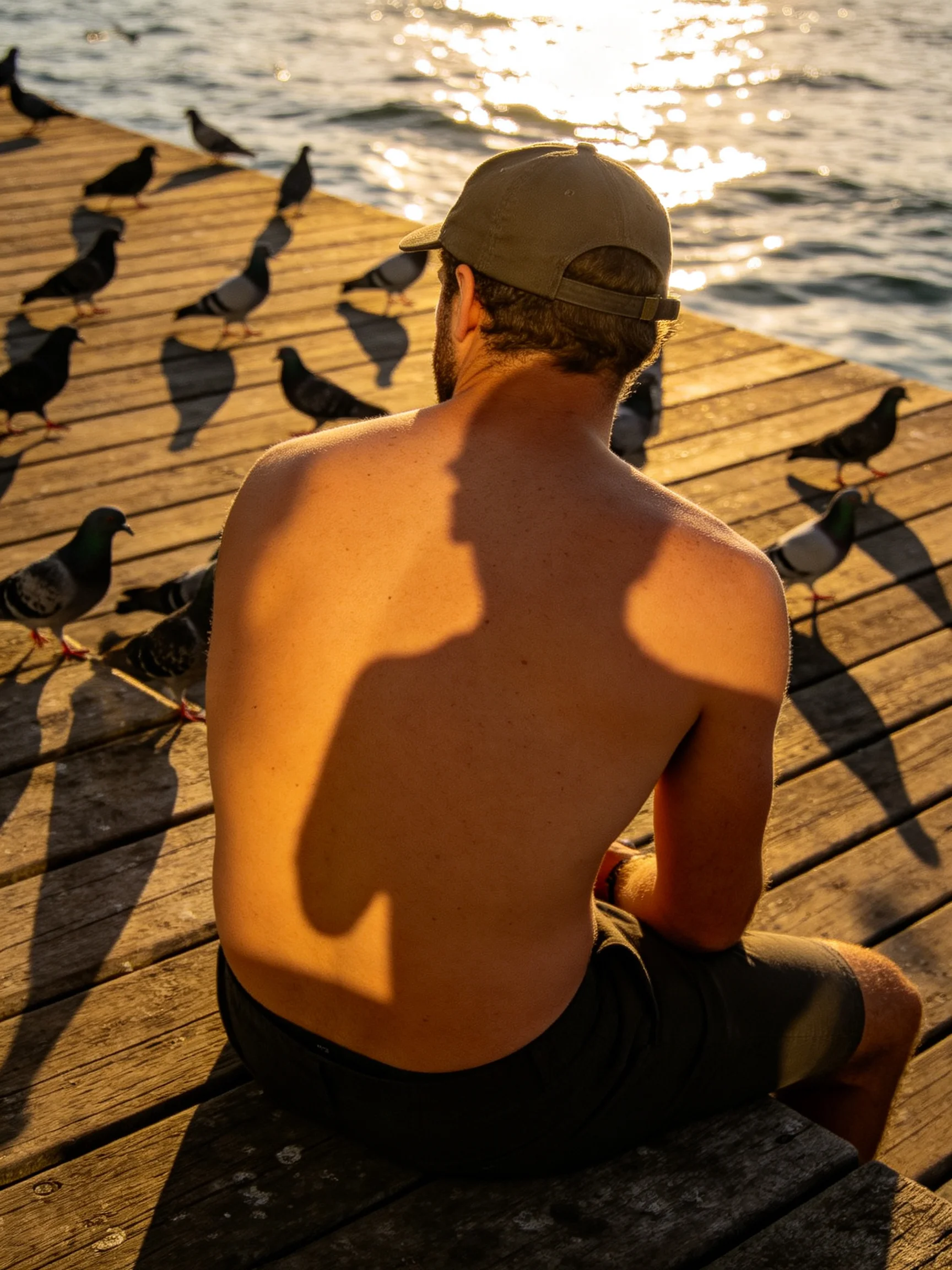 A shirtless man sits among pigeons on a wooden dock at sunset