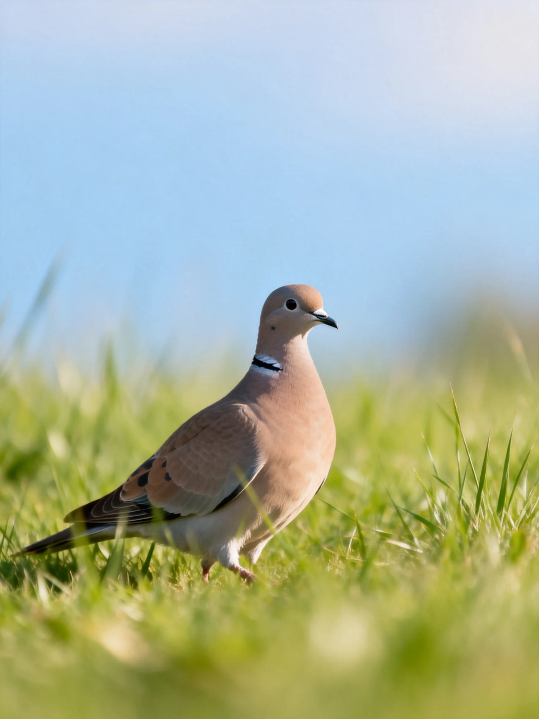 A single brown-spotted dove standing in lush green grass