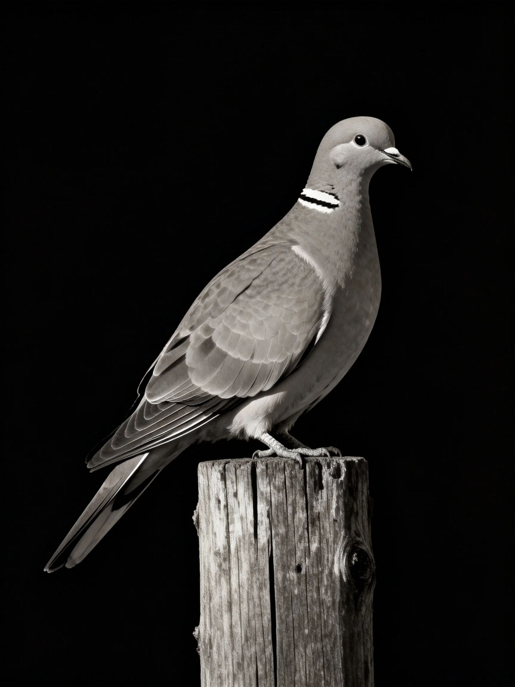A single dove perched atop a weathered wooden post with a dark backdrop