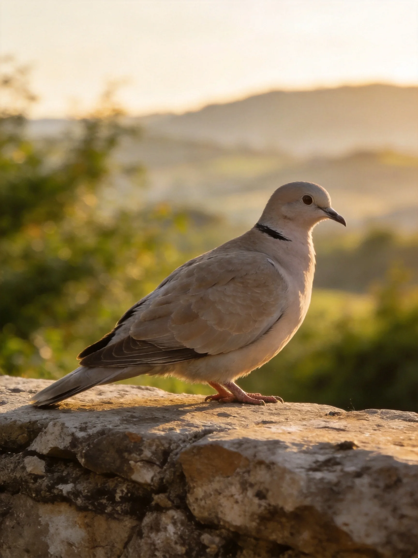 A single dove with gray plumage perches on an aged stone ledge during golden hour