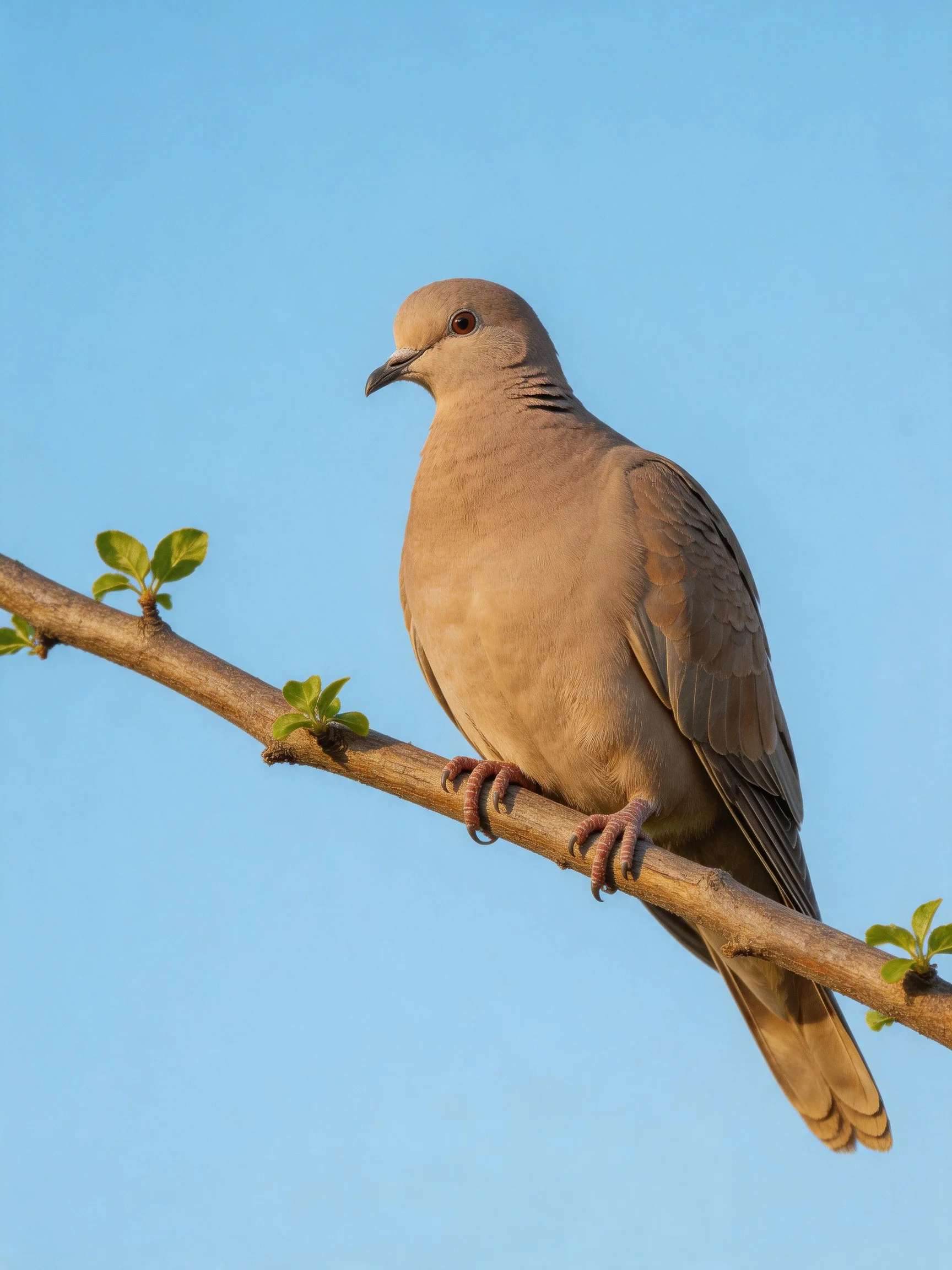 A single gray-brown dove perches on a brown tree branch with small green leaves
