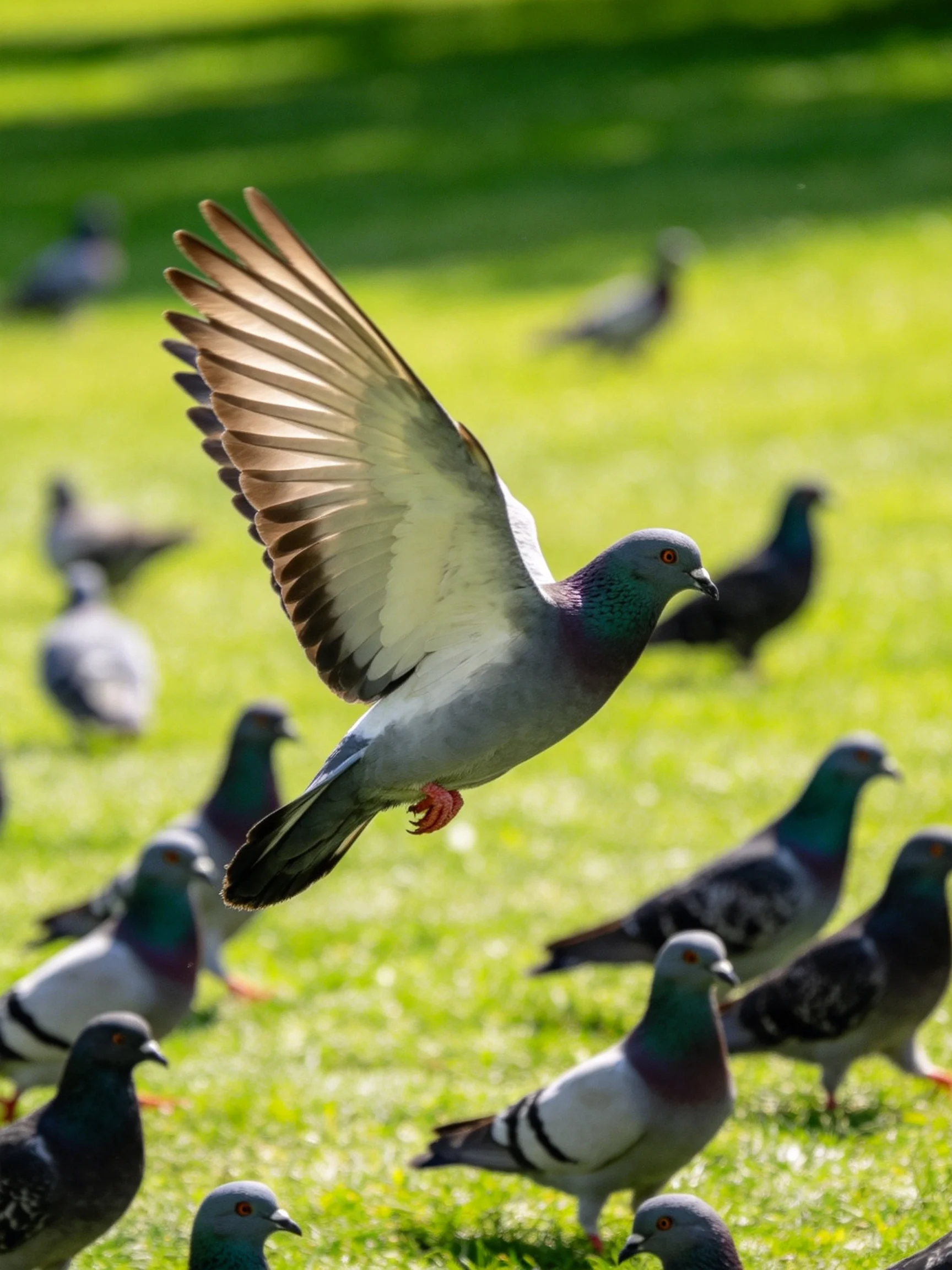 A single gray pigeon flies among pigeons on green grass