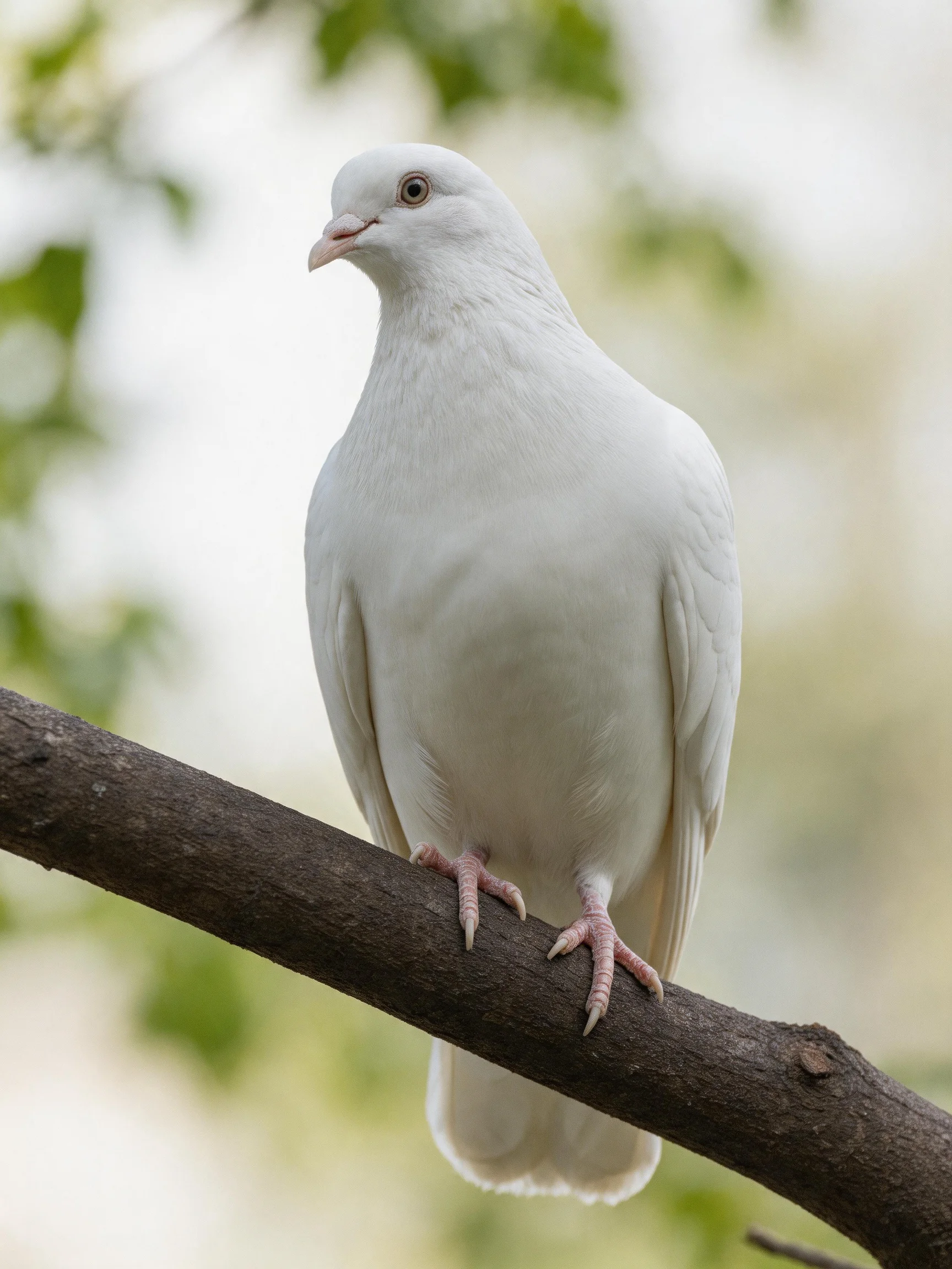 A single white dove perched on a dark brown tree branch