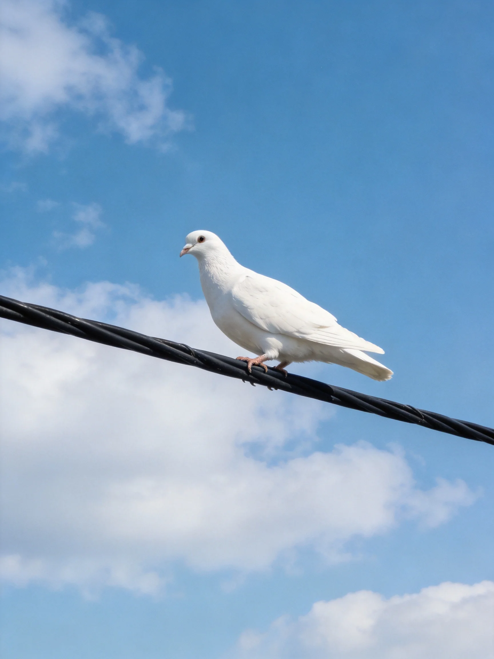 A single white dove perched on a thick black wire beneath bright blue sky