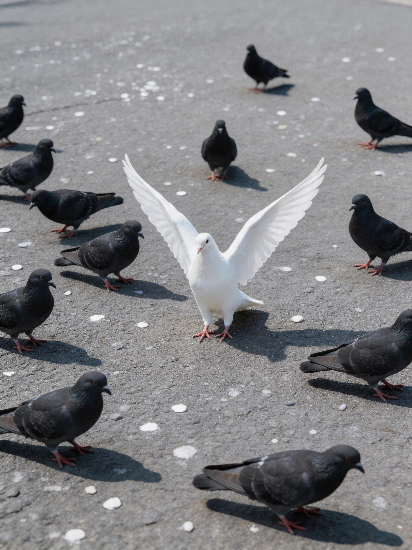 A single white pigeon amid many black pigeons on a gray pavement