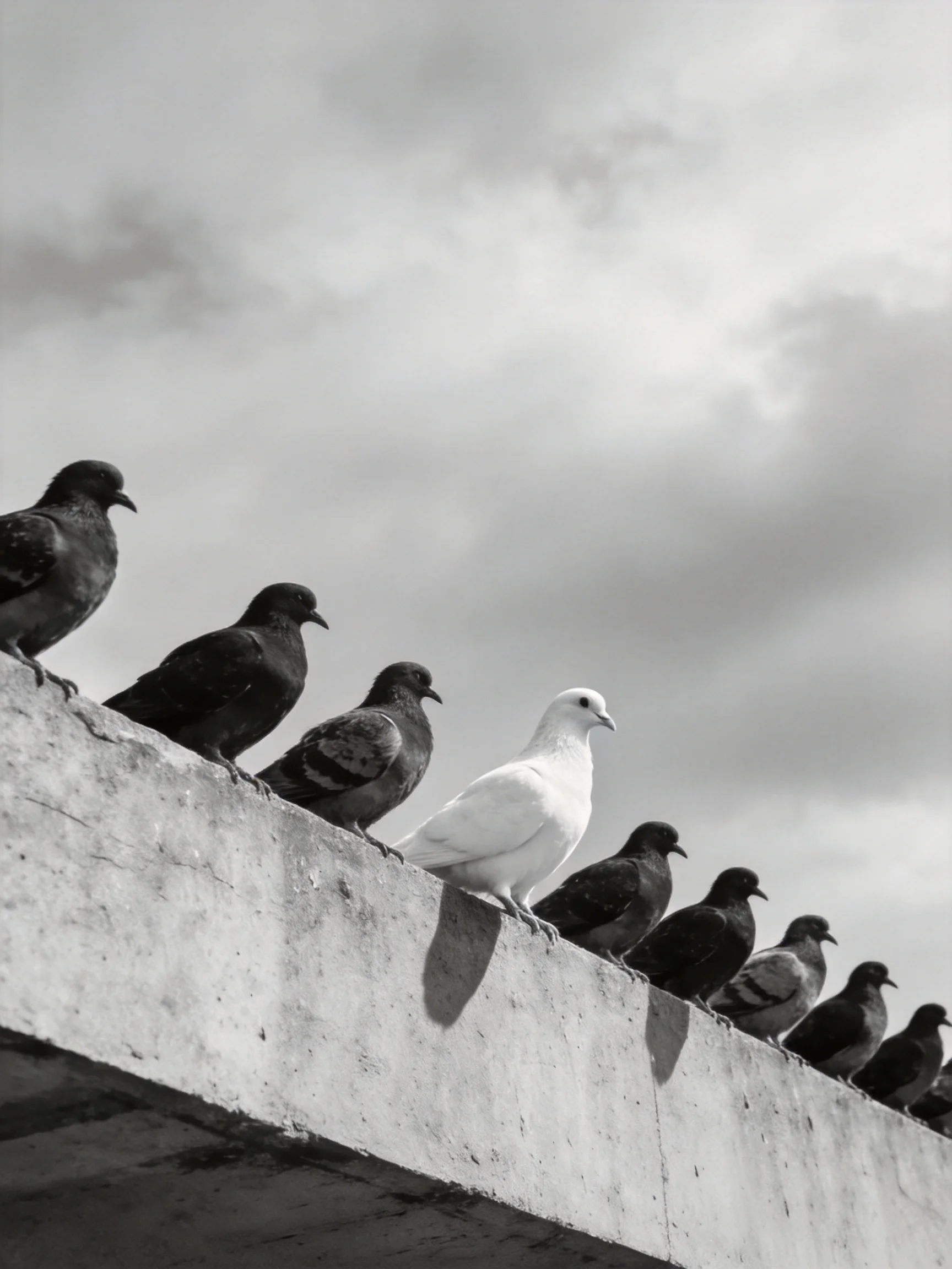 A white pigeon contrasts with dark pigeons on a concrete ledge.