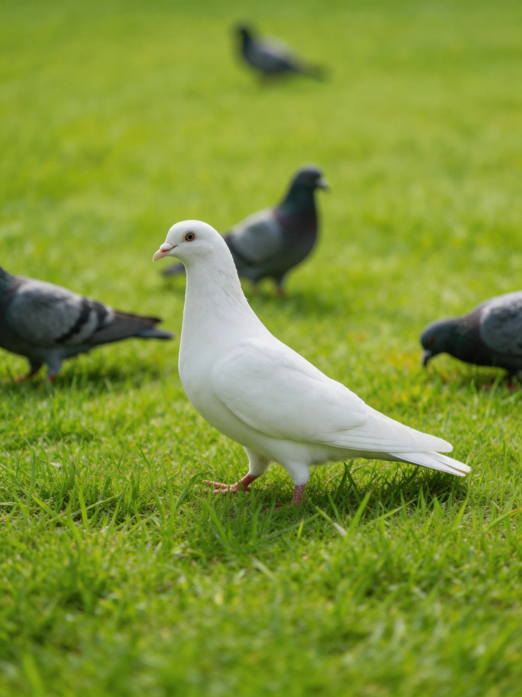 A single white pigeon among multiple gray pigeons on lush green grass