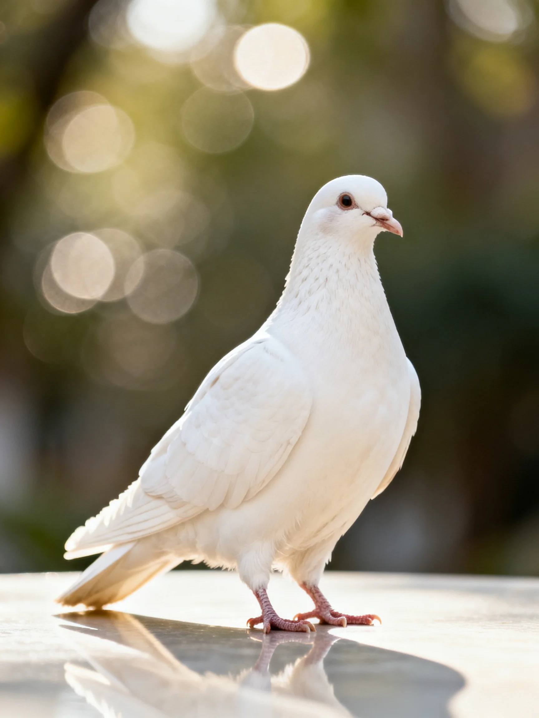 A white pigeon stands on a smooth surface outdoors.