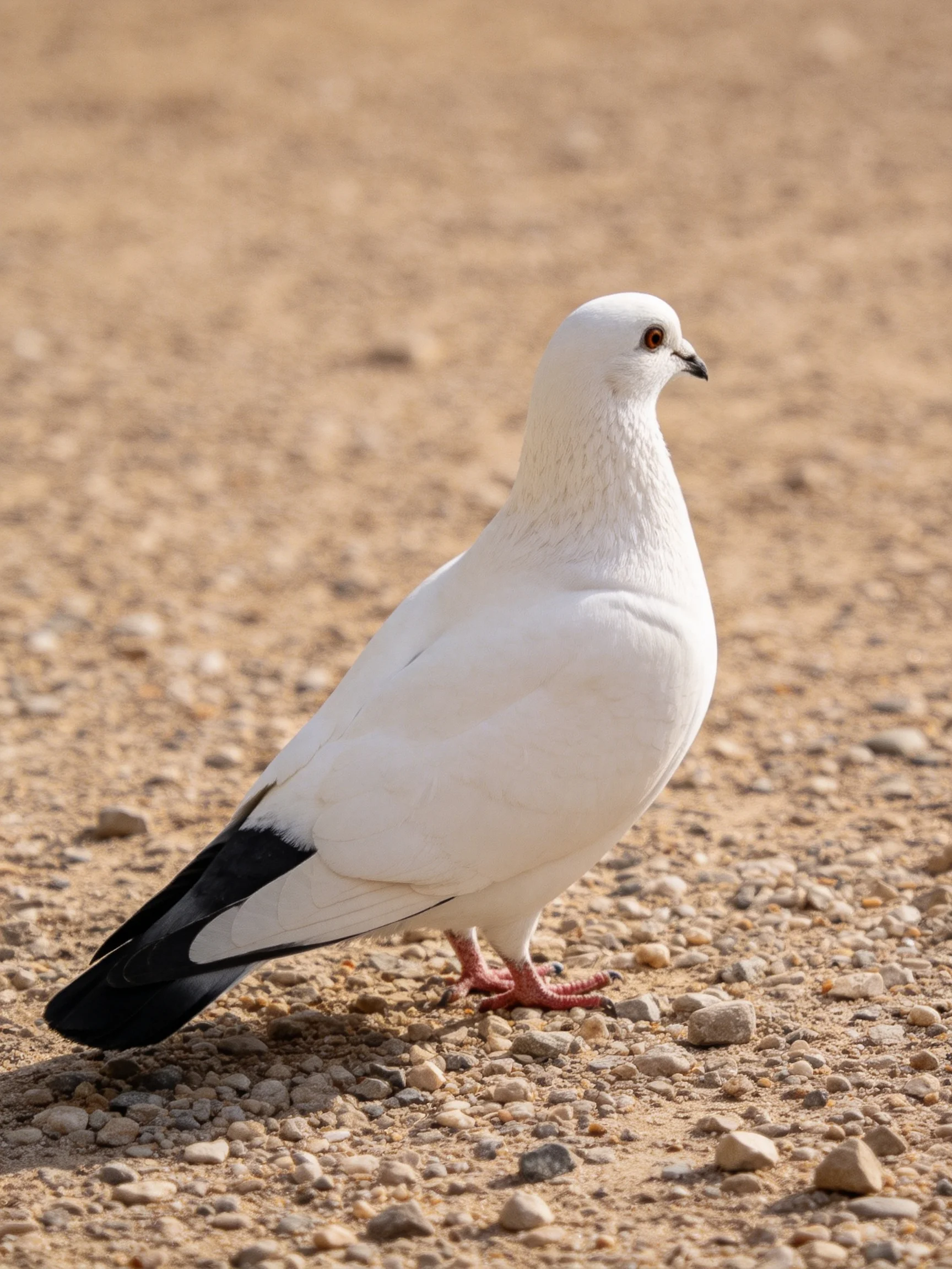 A single white pigeon with a black tail walks on gravel.
