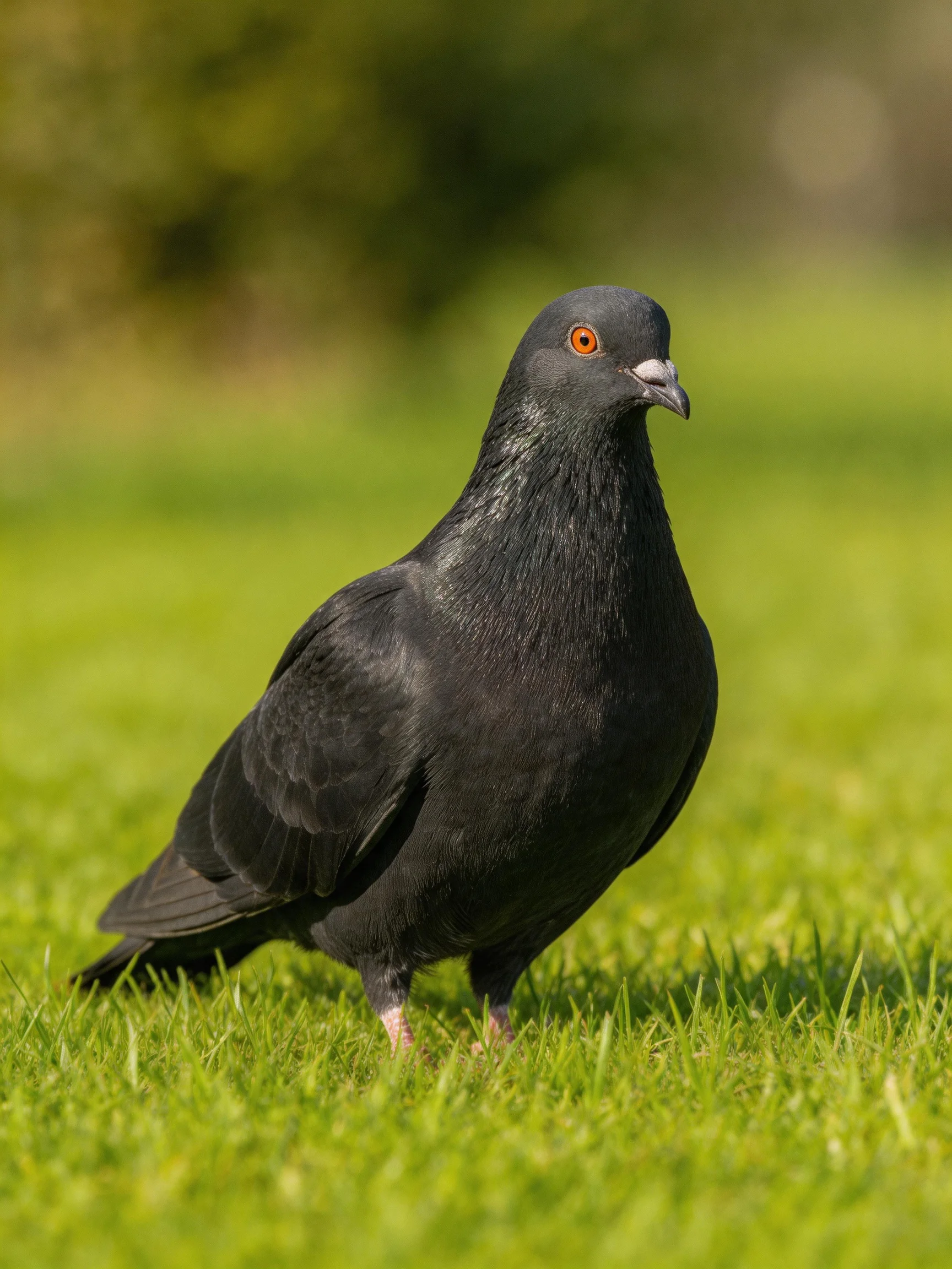 A sleek black pigeon standing on lush green grass