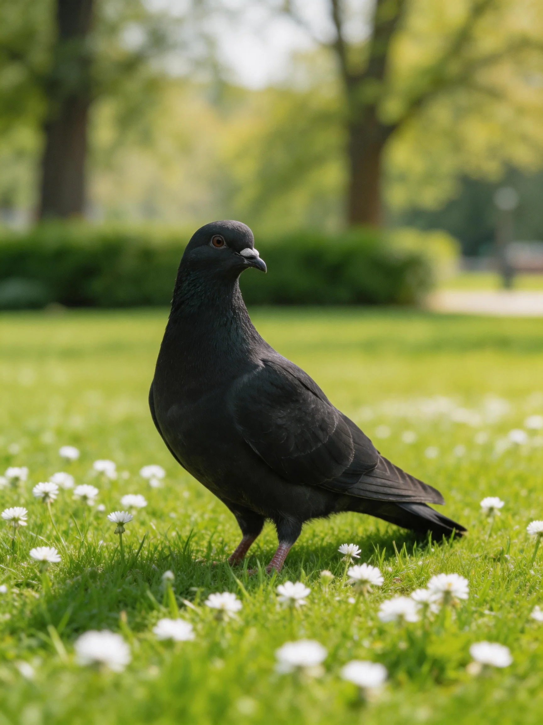 A black pigeon rests on lush green grass dotted with small white flowers in a park.